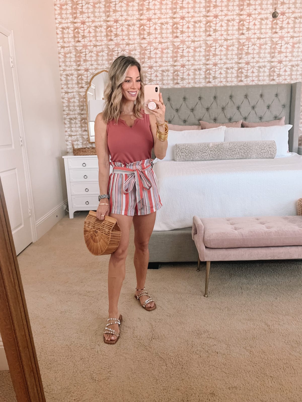 Amazon Fashion Faves, Tank, Striped Shorts Studded Sandals and Bamboo Clutch 