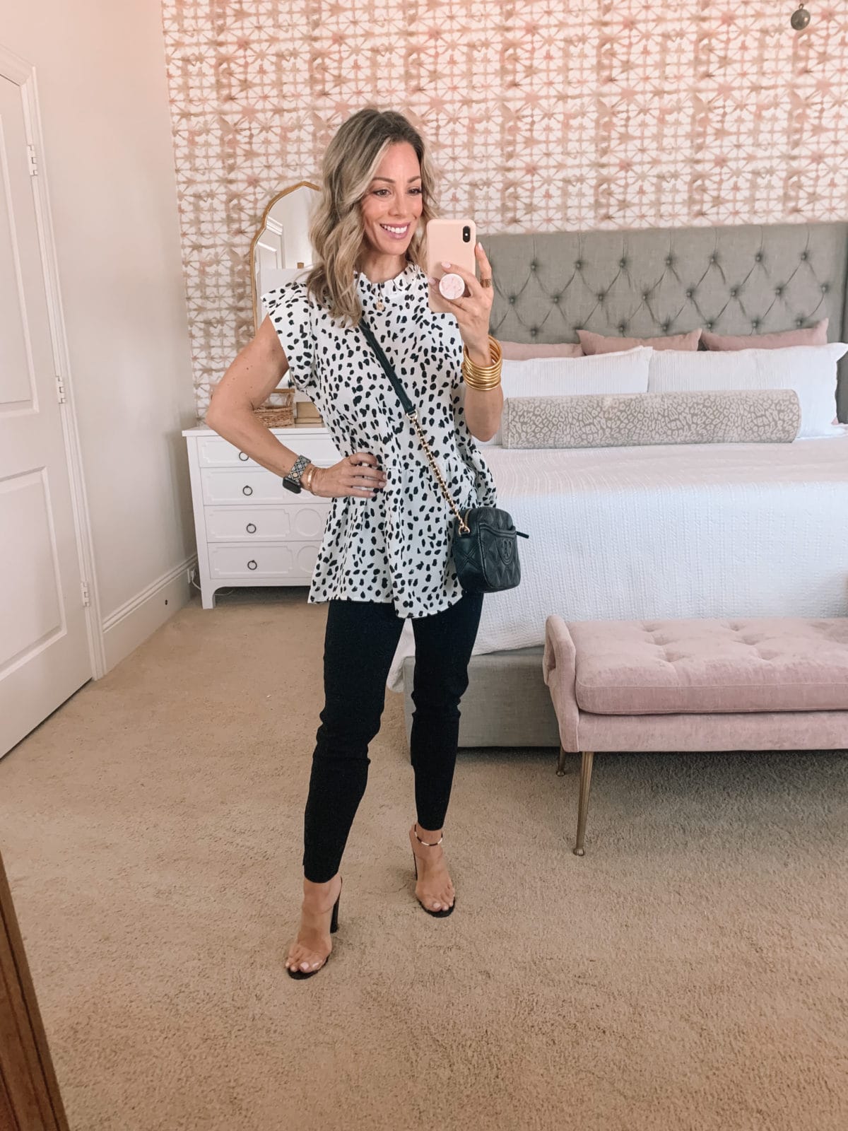 Amazon Fashion Faves, Leopard Dot Tunic Top and Pants, Clear Sandals and Crossbody 