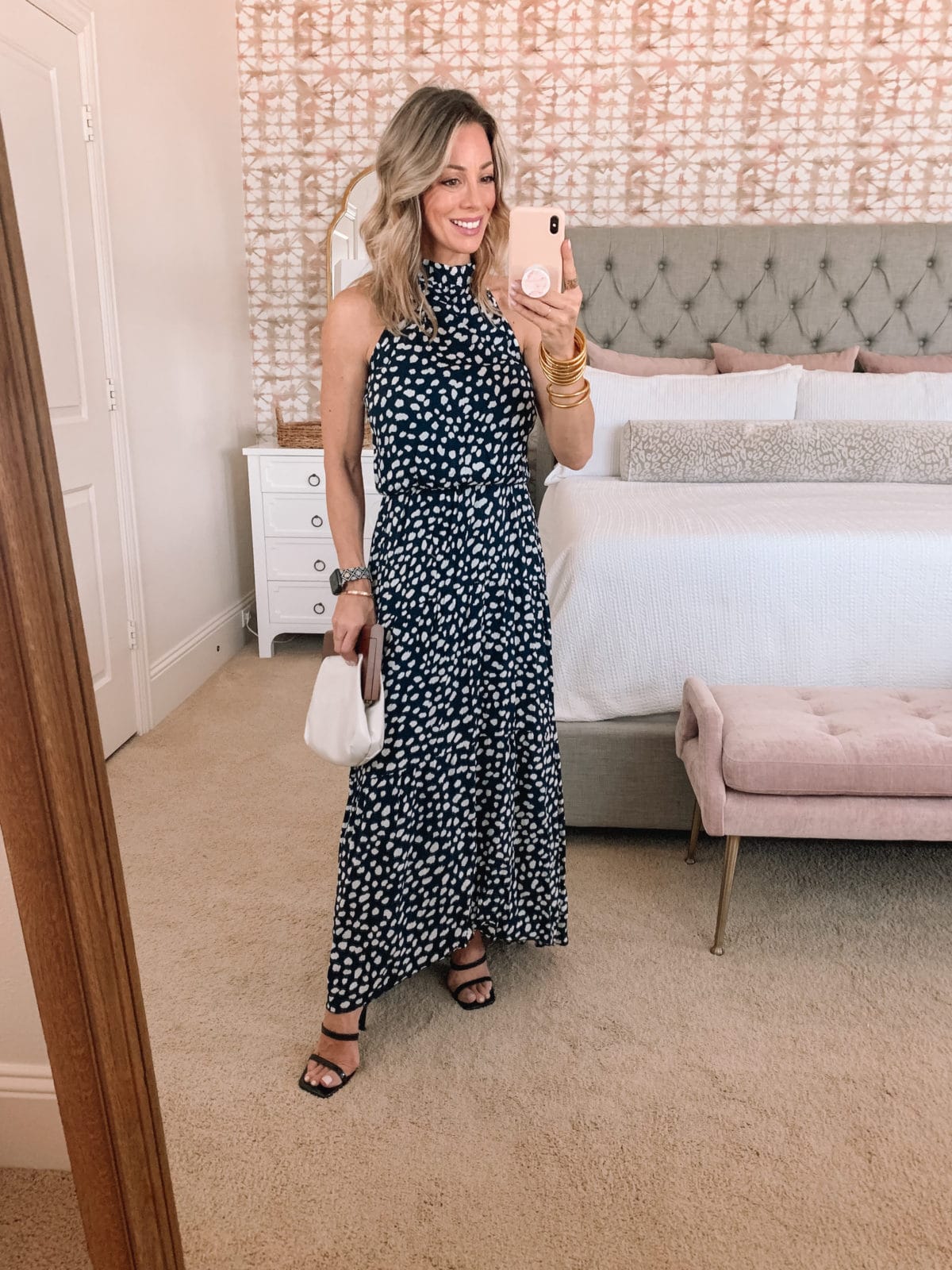 Amazon Fashion Faves, leopard dot Maxi Dress and Sandals with Clutch 