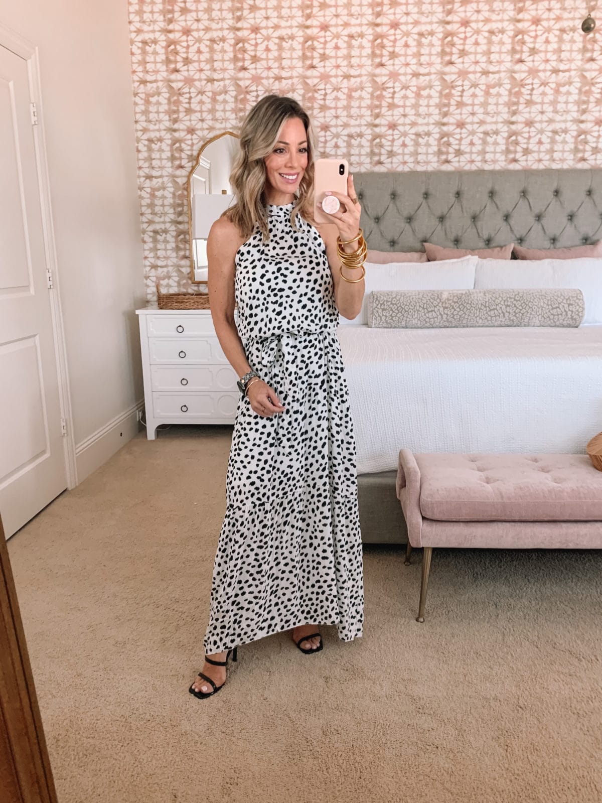 Amazon Fashion Faves, leopard dot Maxi Dress and Sandals with Clutch 