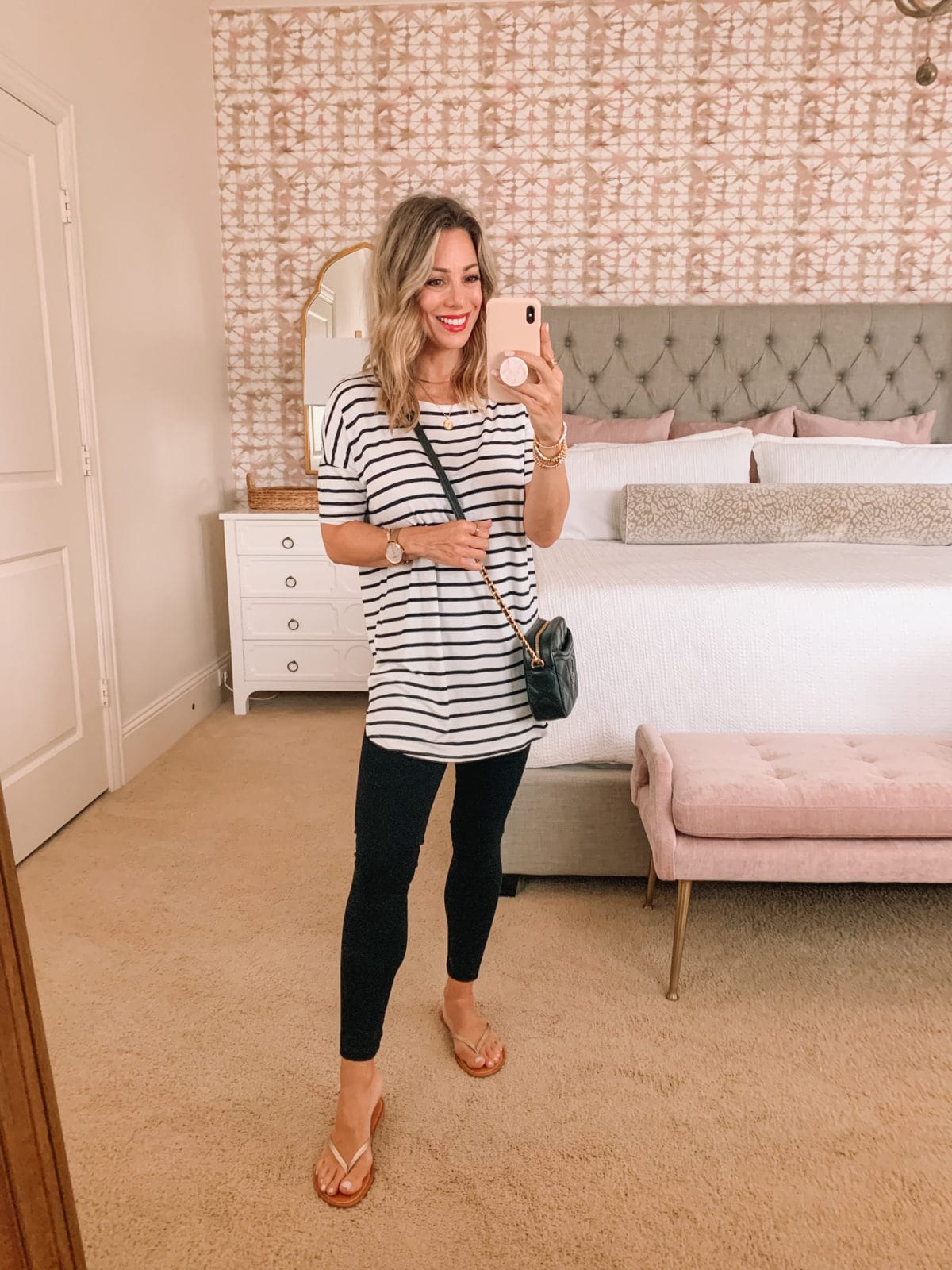 Amazon Fashion Faves, Stripe Tunic Top and Leggings and Flip Flops and crossbody 