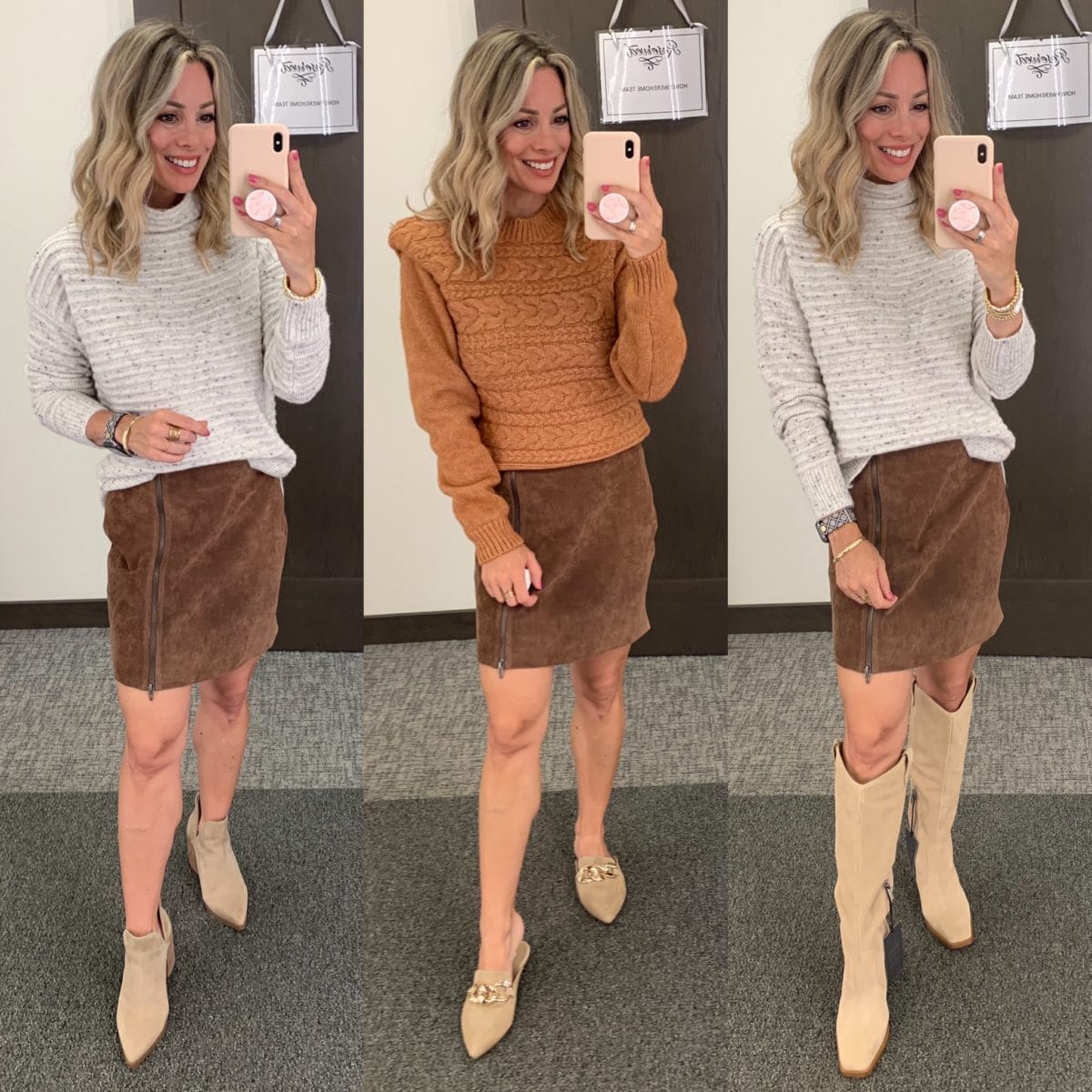 Nordstrom Anniversary Sale, Sweater, Suede Skirt, Booties, Cable knit Sweater, Chain Slides, Knee High Boots 