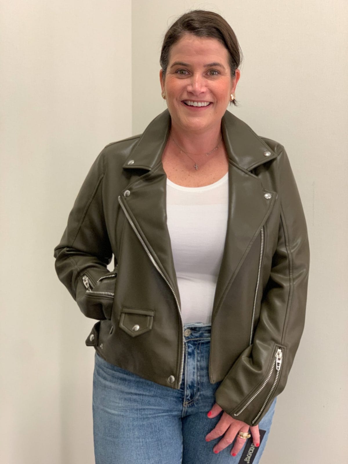Nordstrom Anniversary Sale, faux leather jacket, jeans 