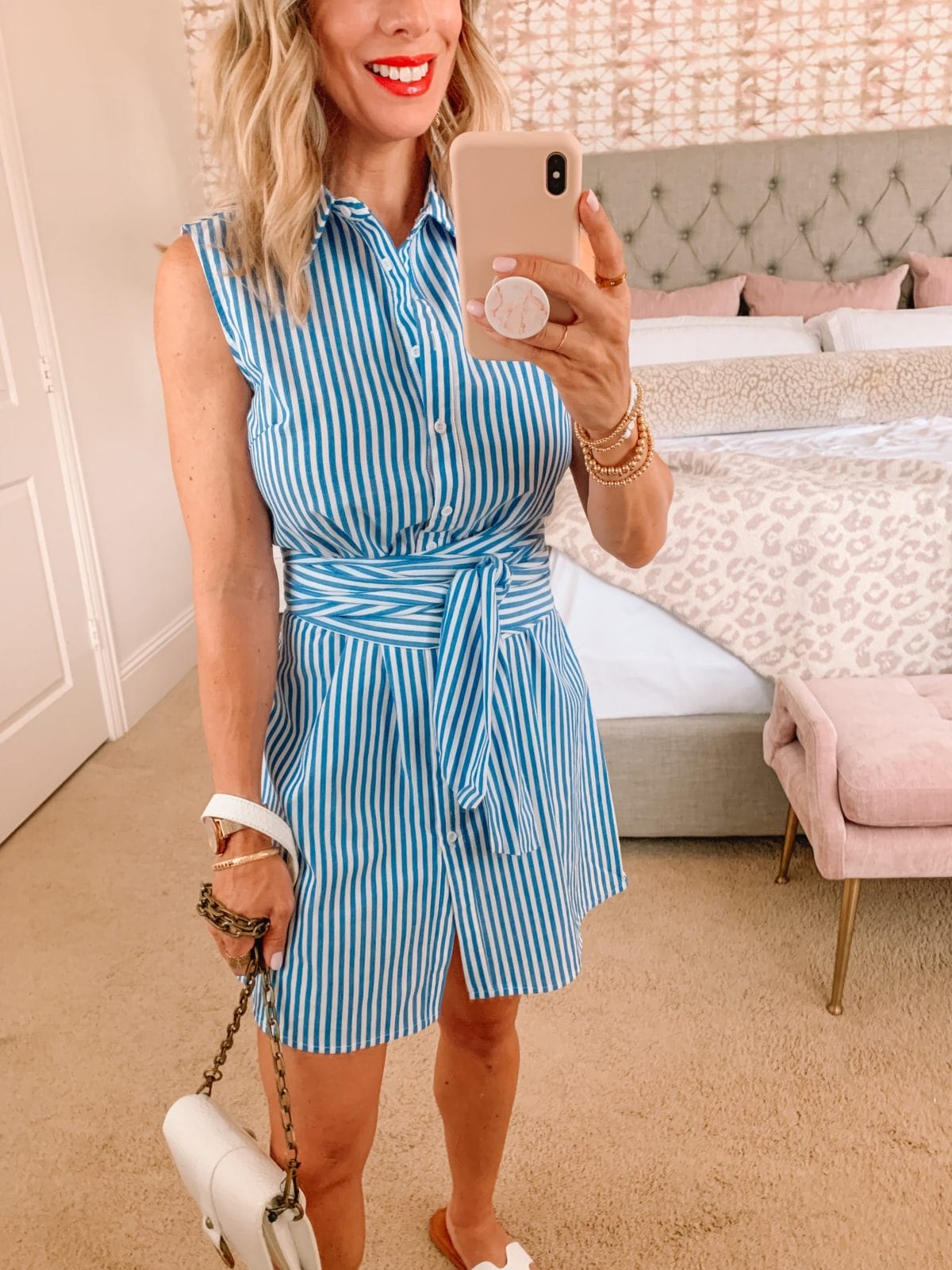 Amazon Fashion Faves, Striped Dress and White Sandals, Crossbody Bag 