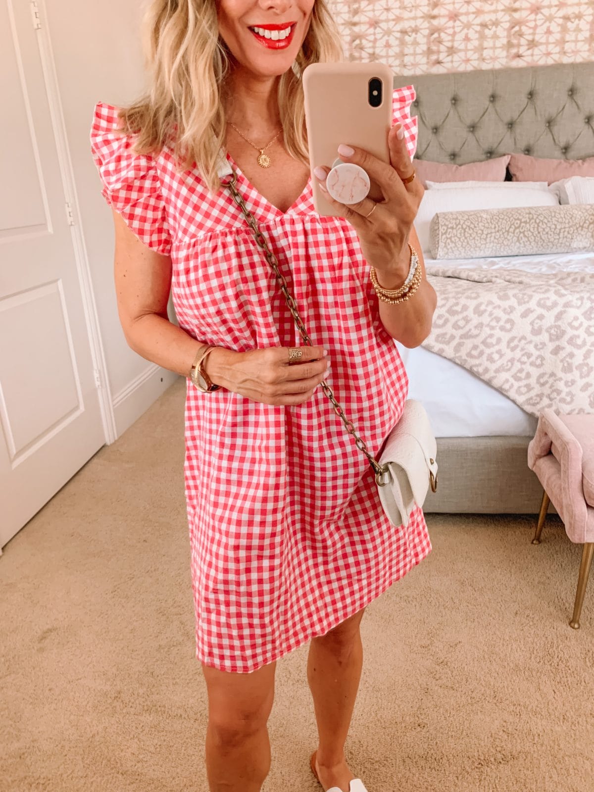 Amazon Fashion Faves, Pink Gingham Dress and Sandals with Crossbody