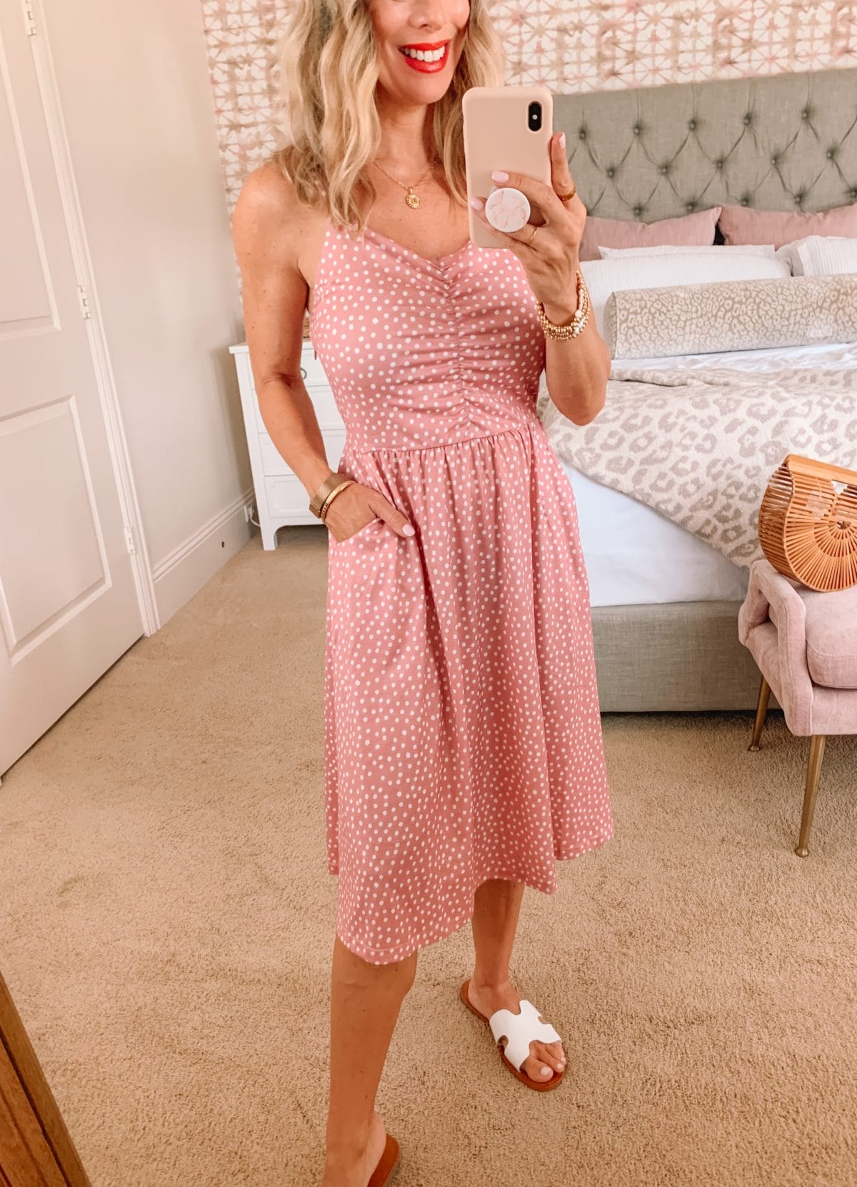 Amazon Fashion Faves, Pink Polka Dot Dress and Sandals with Bamboo Clutch 