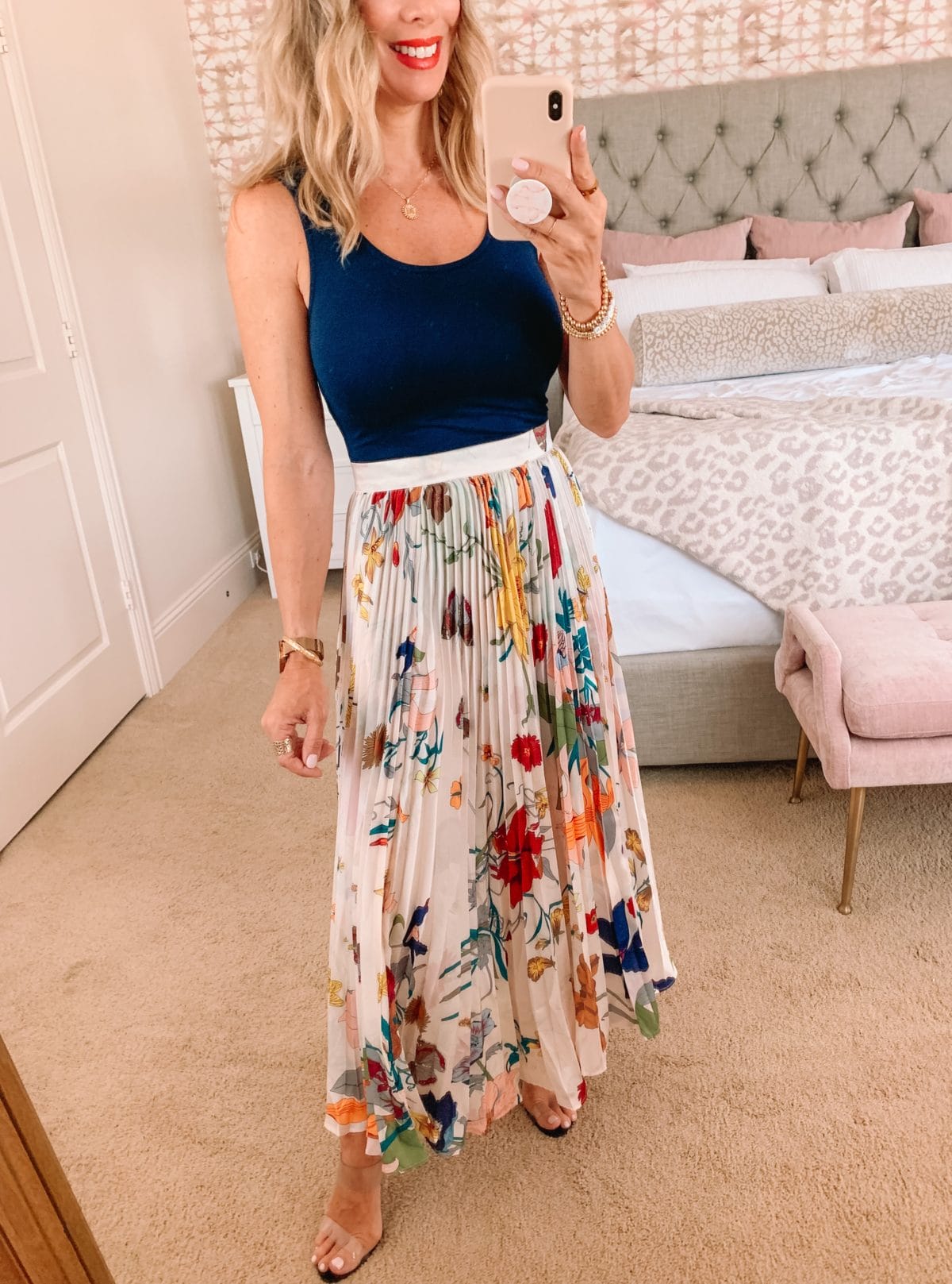 Amazon Fashion Faves, Bodysuit and Floral Skirt with Clear Sandals 