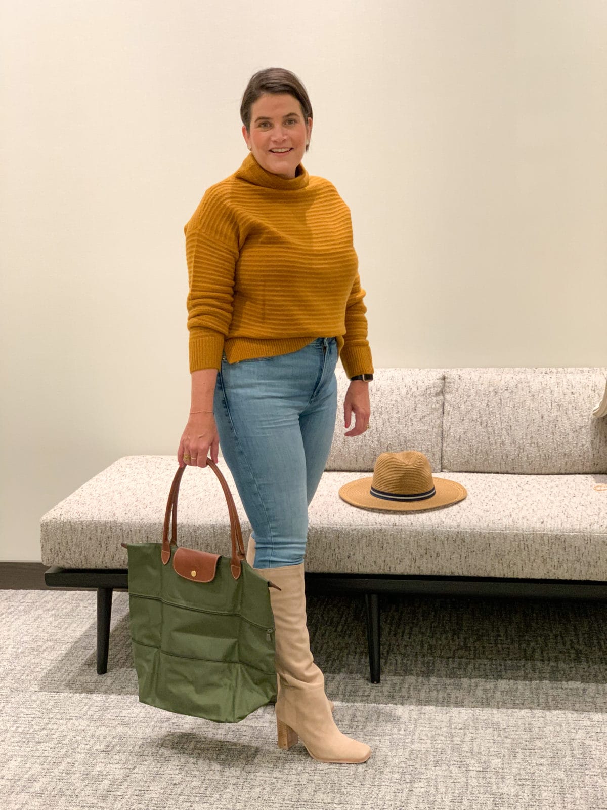 Nordstrom Anniversary Sale, Sweater, Jeans, Boots, Longchamp Tote, hat