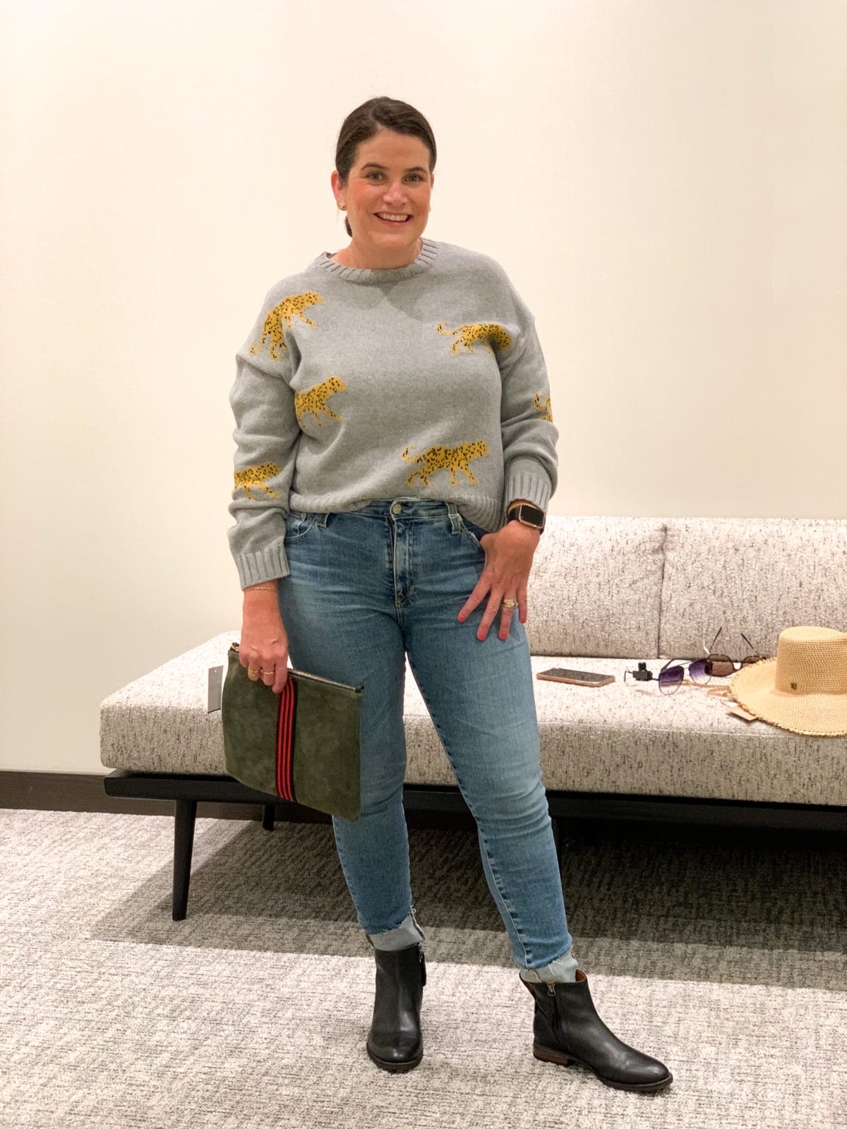 Nordstrom Anniversary Sale, Tiger Sweater, Jeans Boots and clutch