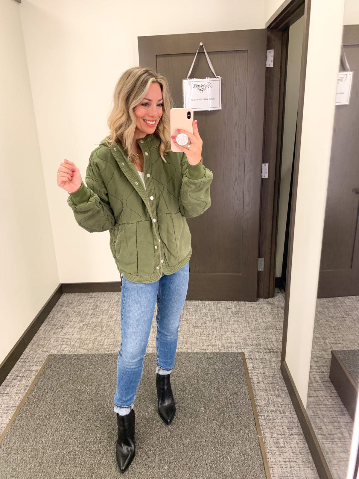 Nordstrom Anniversary Sale Green Quilted jacket, Jeans, Booties 