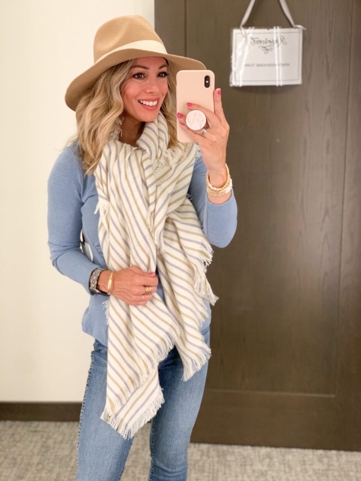 Nordstrom Anniversary Sale, Blue Sweater, Scarf, Hat, Booties, Jeans 