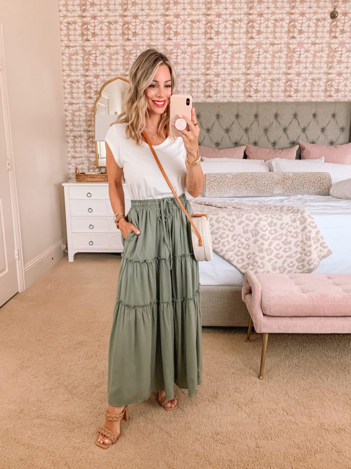 Amazon Fashion Faves, White Tee and Maxi Skirt with Sandals and Crossbody 