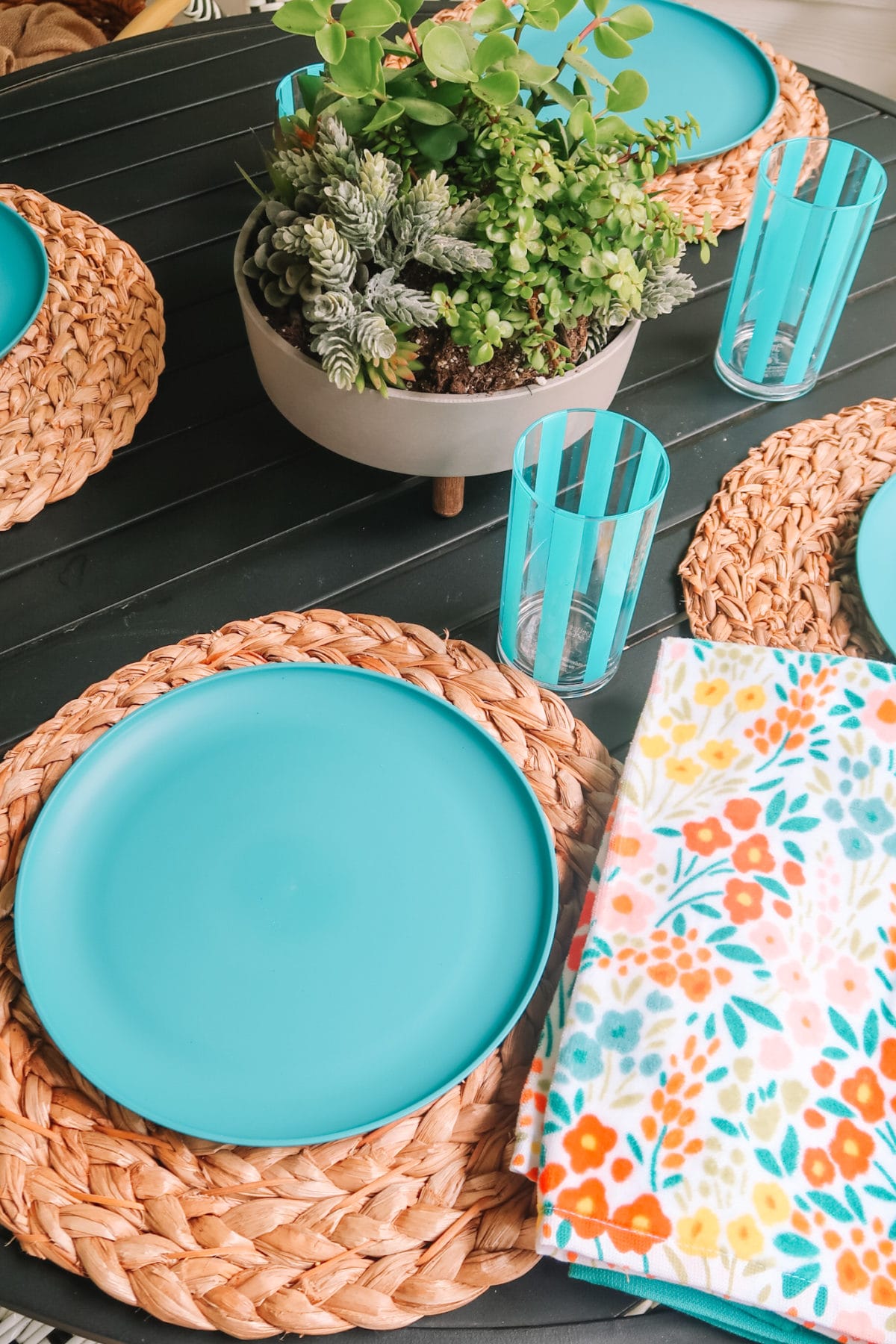 Walmart +, Patio Furniture, Hyacinth Placemat, dinner Plate, Kitchen Towel, Striped Tumbler, Succulents 