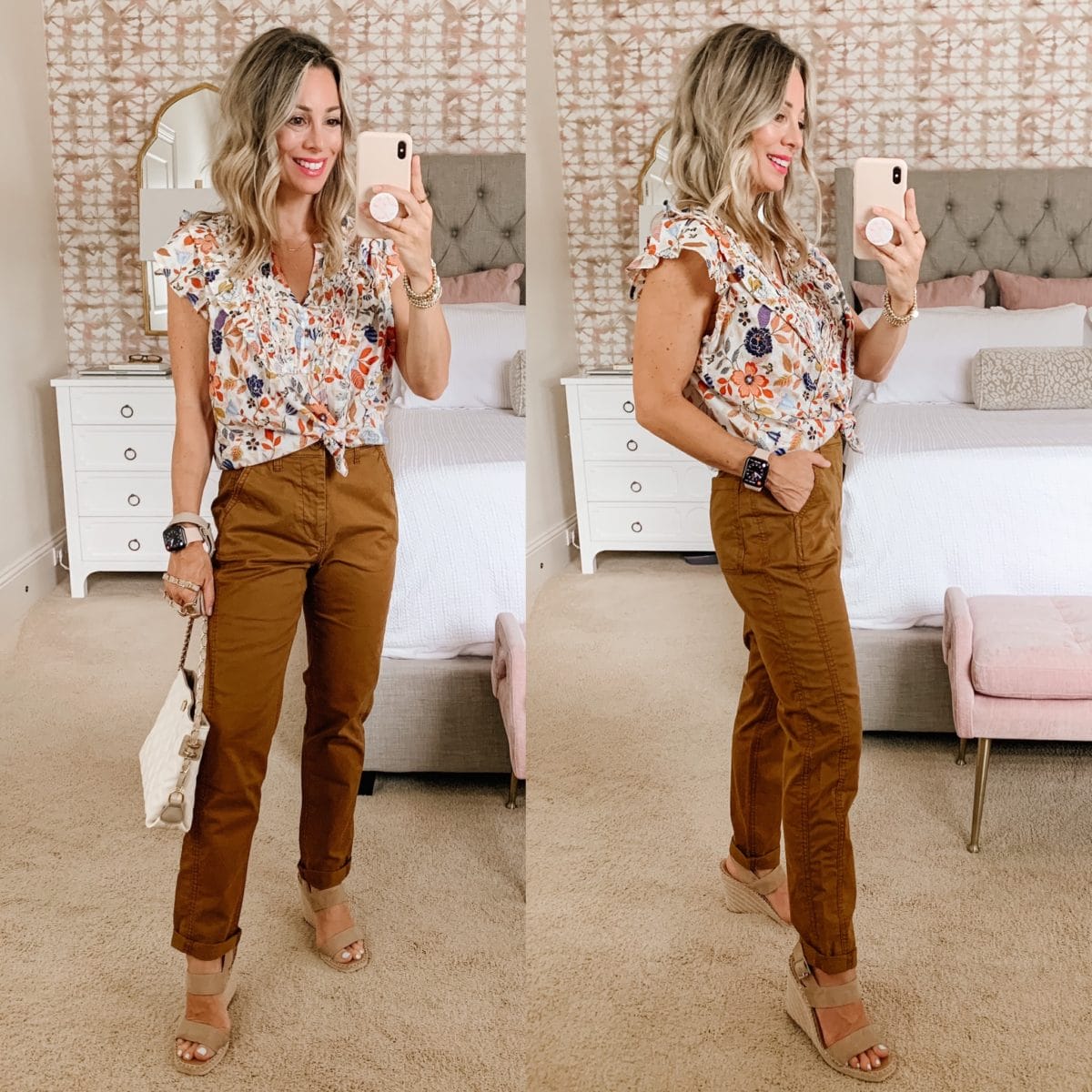 Old Navy Fashion, Floral Top, Brown Pants, Wedges, Crossbody 