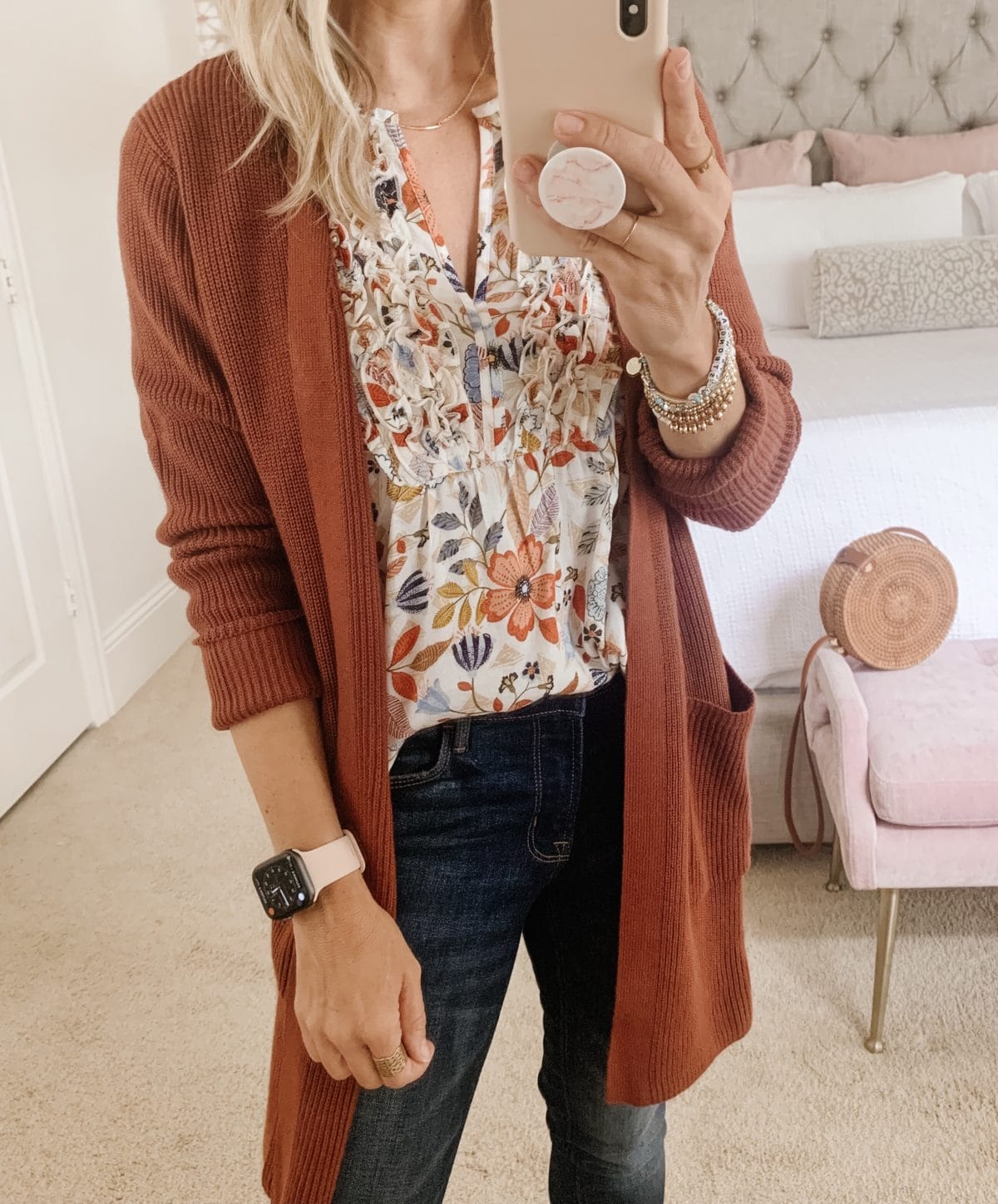 Old Navy fashion, Floral top, Cardigan, and Jeans with Sandals and Crossbody 