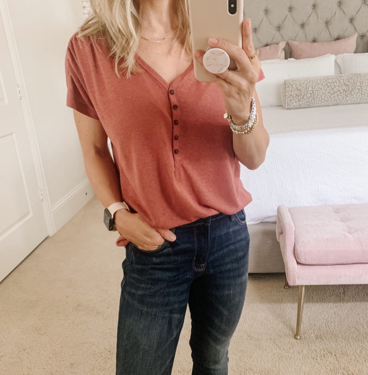 Old Navy Fashion, Henley Tee and Jeans with Mules 