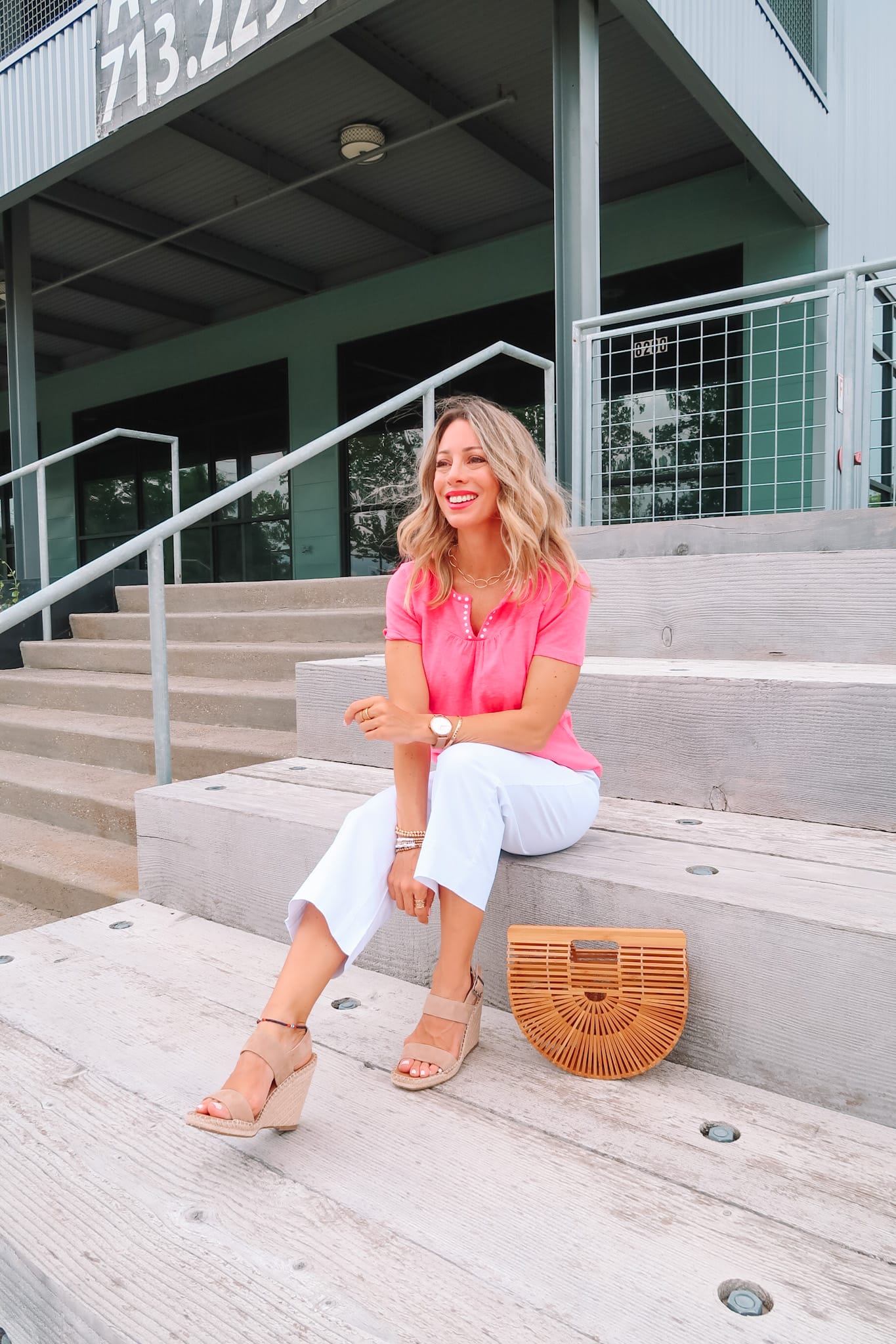 Outfits Lately, Pink Split Neck Top, Pants, Bamboo Clutch, Wedges 