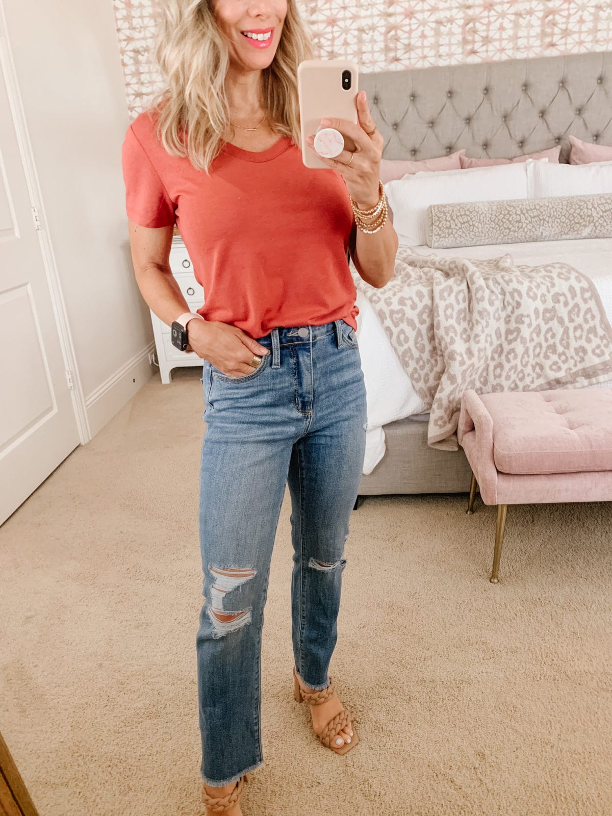 Target Fashion, V Neck Tee and Distressed Jeans and Sandals 
