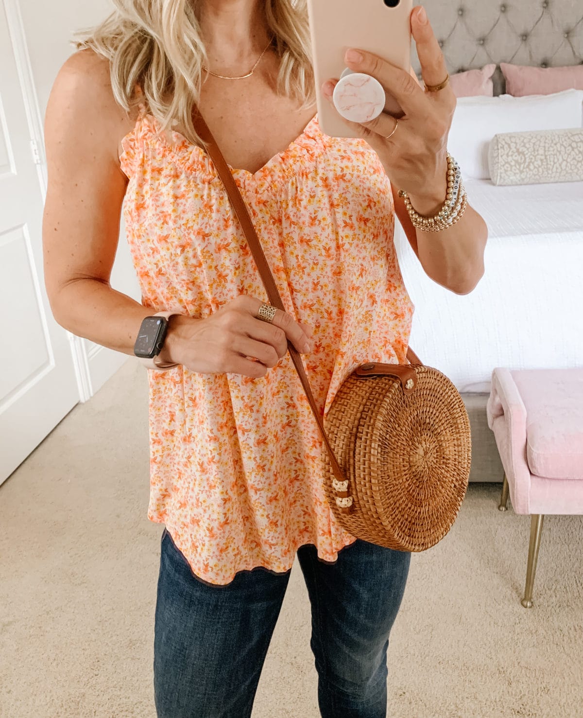 Old Navy Fashion, Floral Cami, Jeans, Wedges, Crossbody 