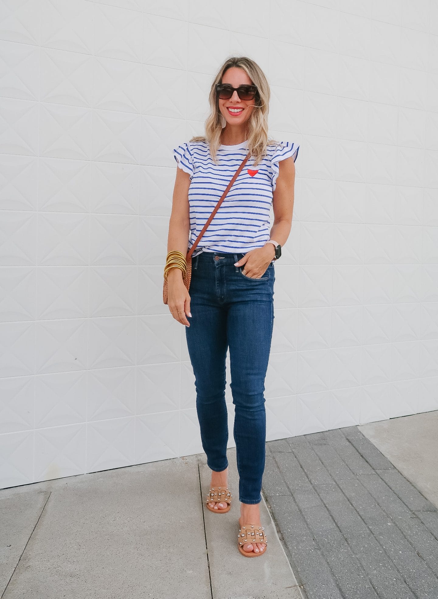 Outfits Lately, Striped Heart Top, Jeans, Sandals, Crossbody 