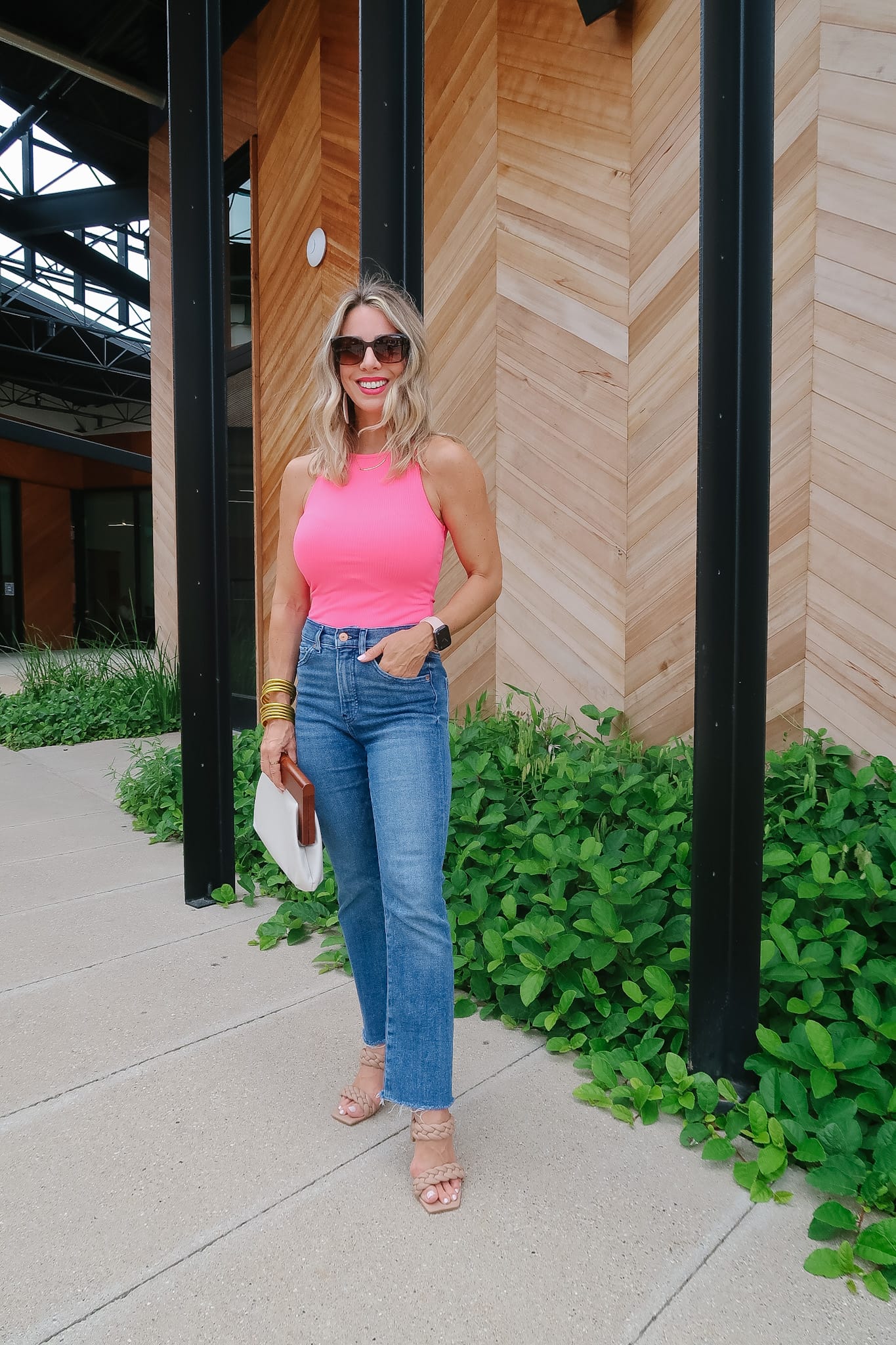Outfits Lately, Bodysuit, Jeans, Sandals, Clutch 