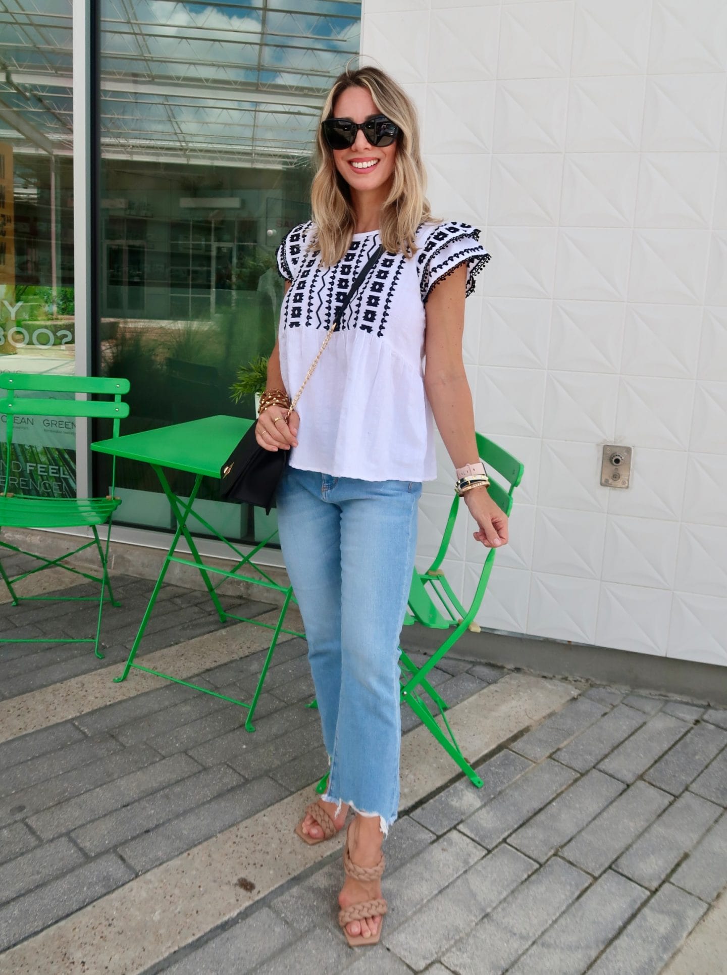 Outfits Lately, Embroidered Top, Jeans, Sandals, Crossbody 