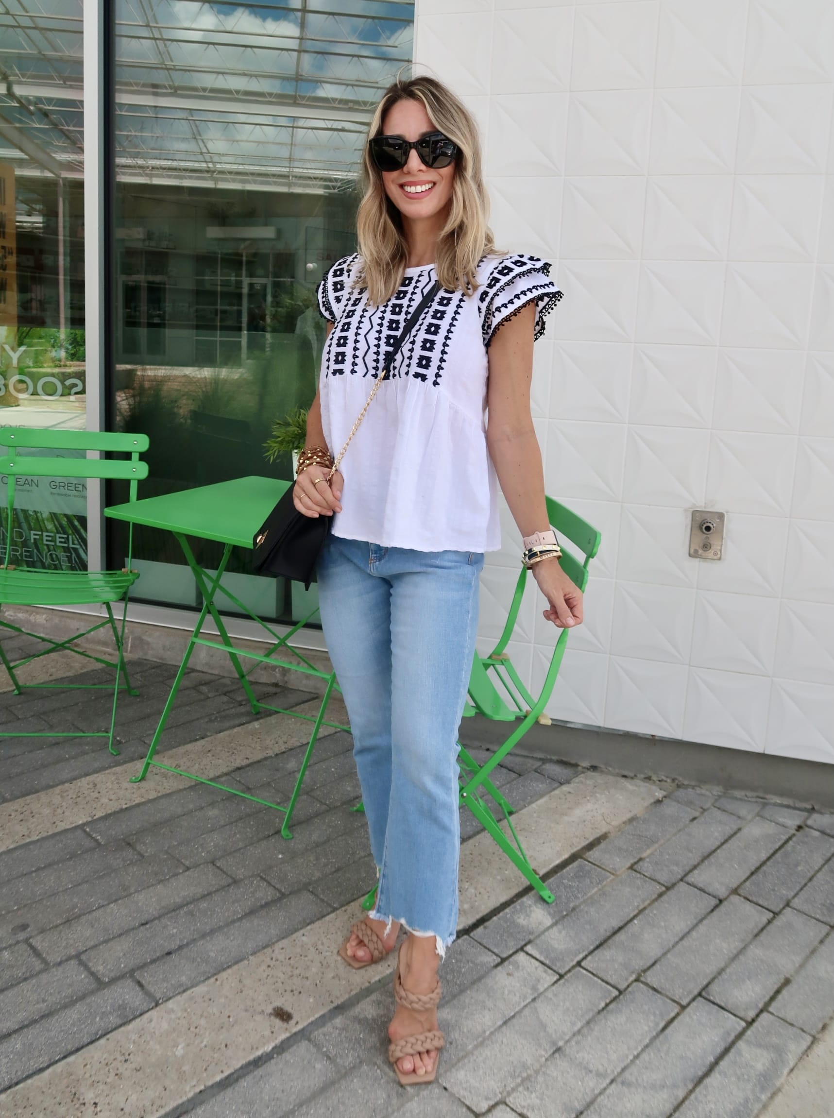 Outfits Lately, Embroidered Top, Jeans, Sandals, Crossbody 