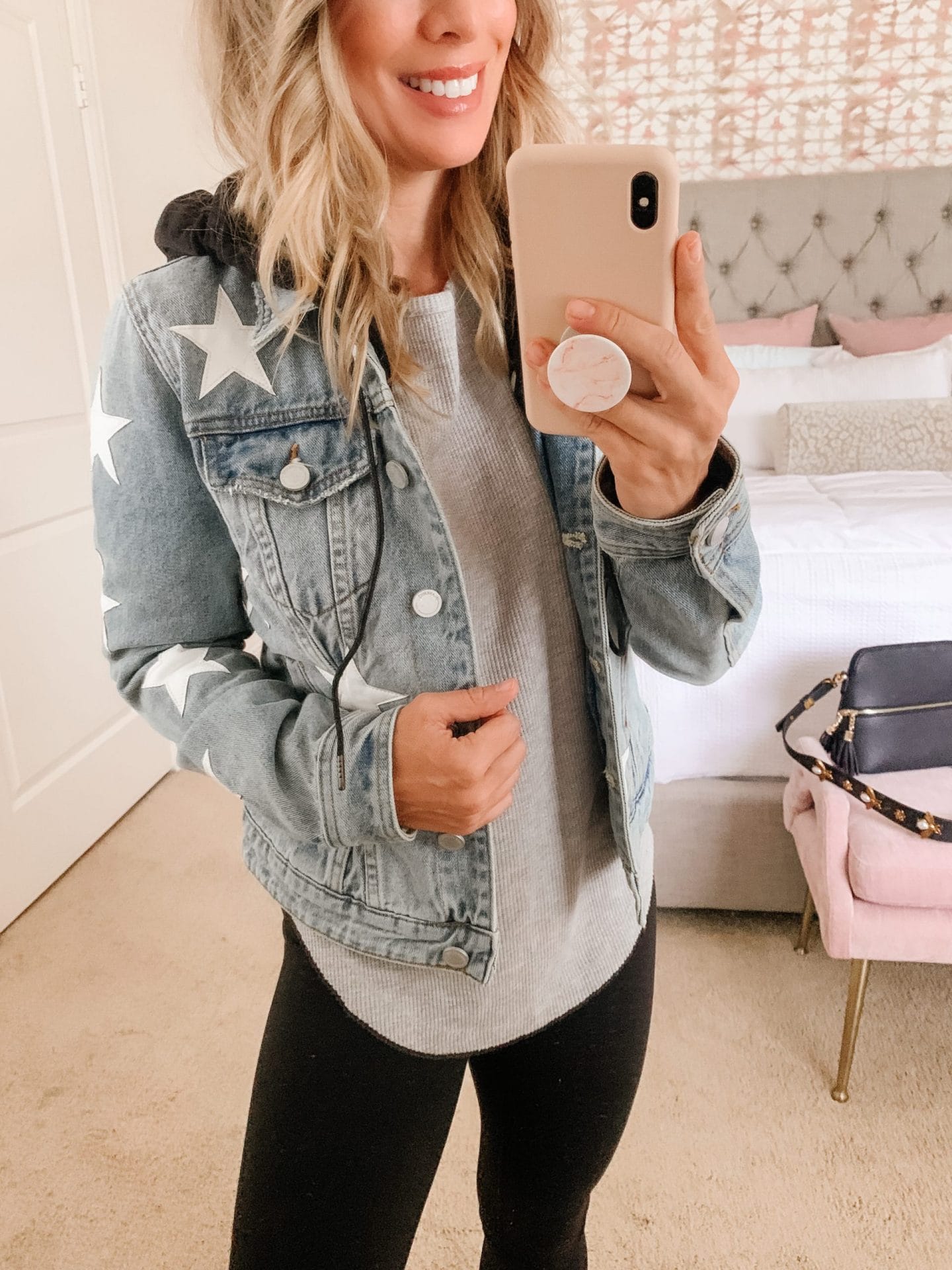 star denim jacket with removeable hoodie
