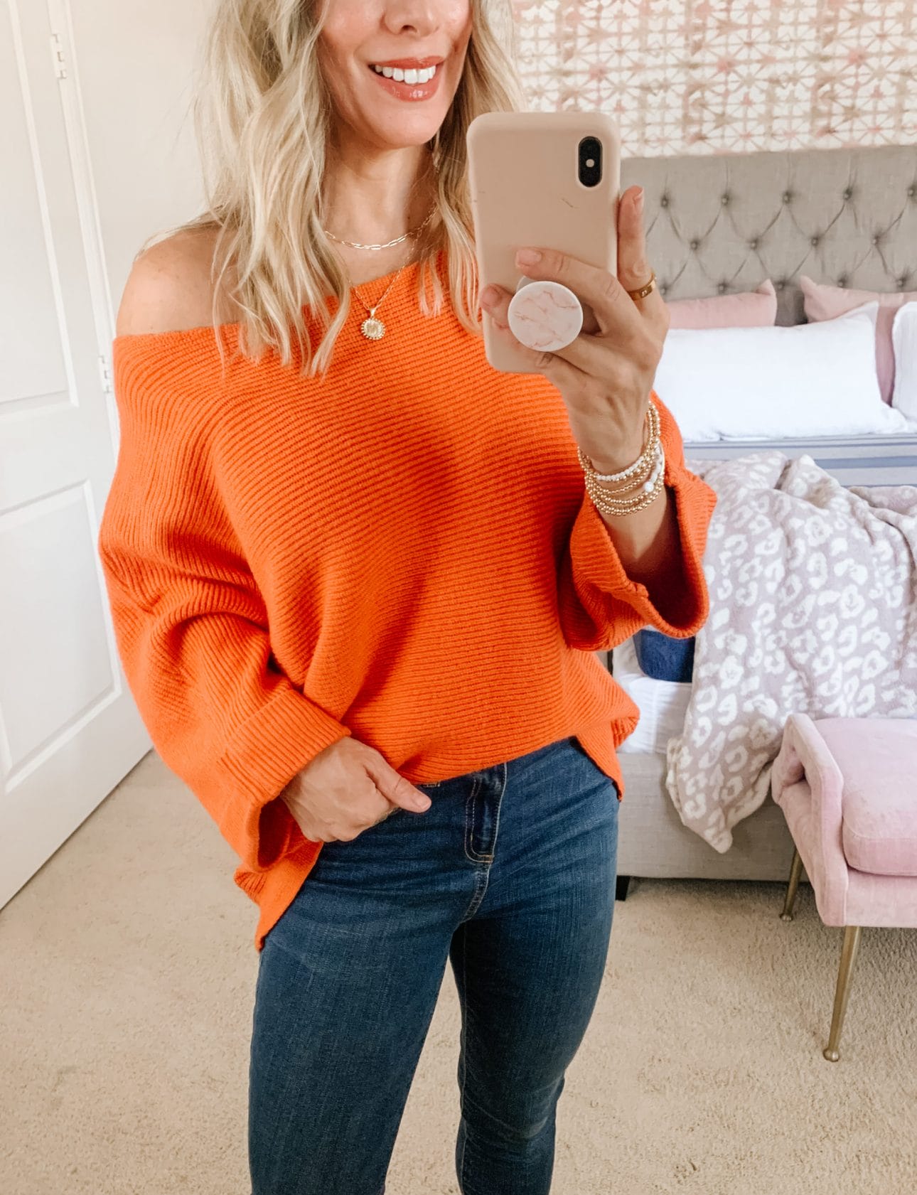 Amazon Fashion, Orange Sweater, Jeans, Booties 