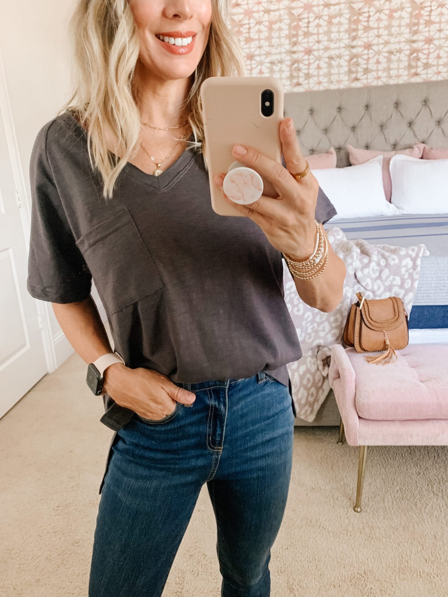 Amazon Fashion, V Neck Tee, Jeans, Sneakers, and Crossbody 