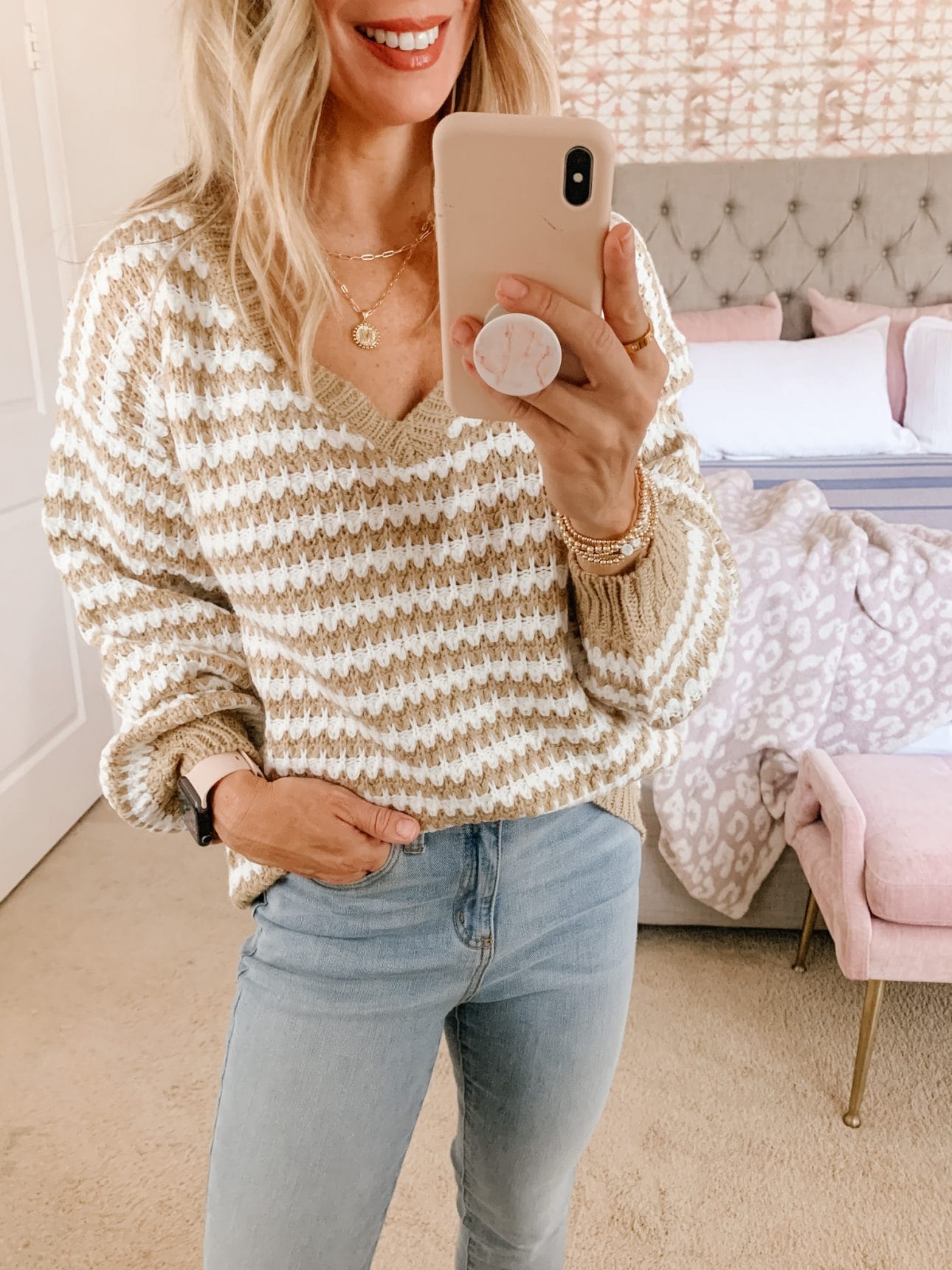 Amazon Fashion, Striped Sweater, Jeans, Booties 