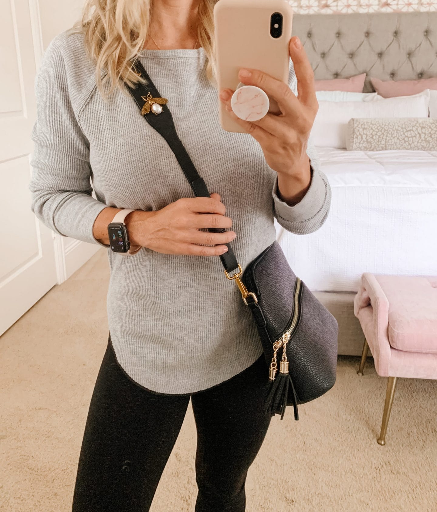 waffle knit long sleeve top and leggings with crossbody bag