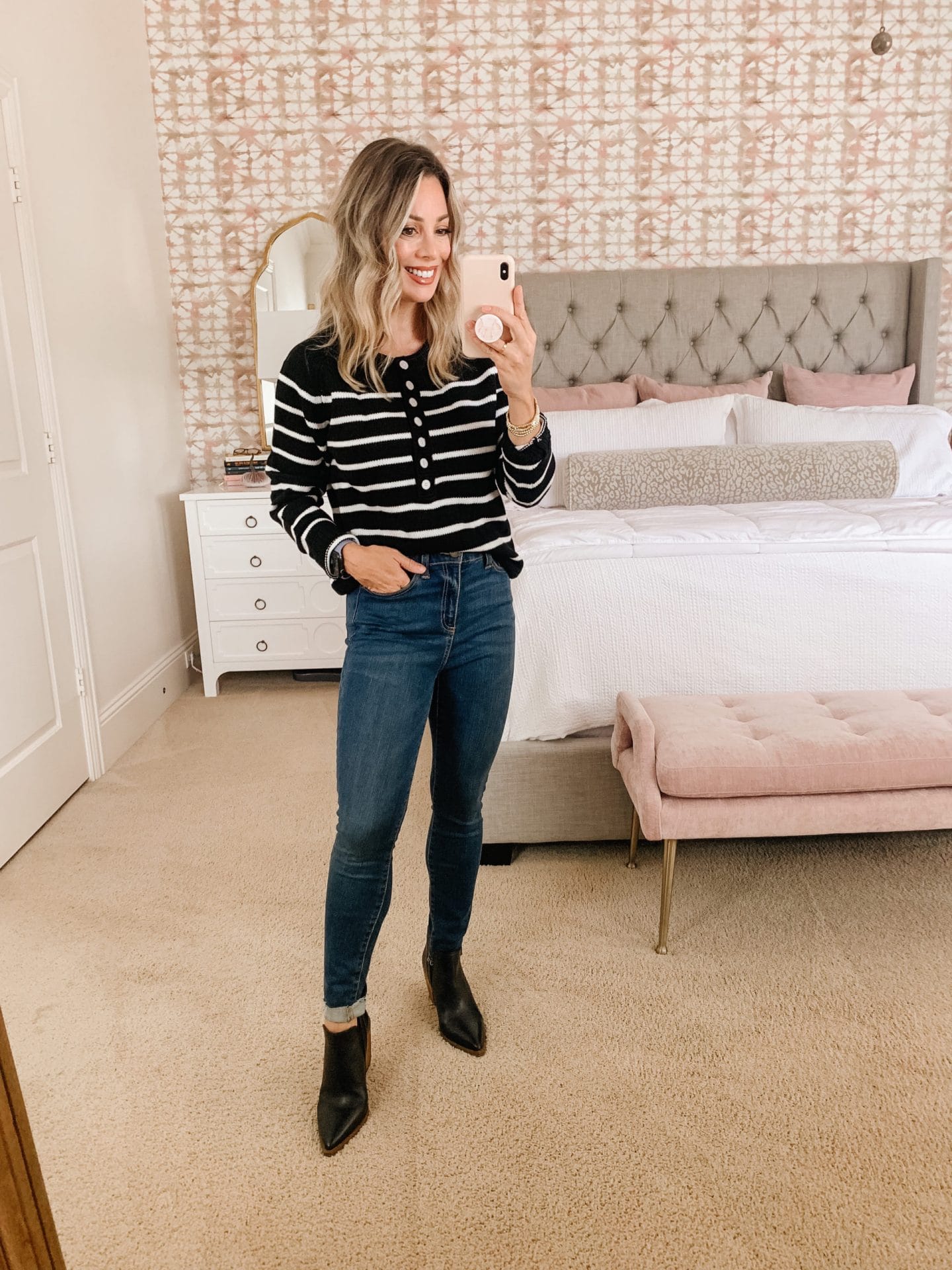 Amazon Fashion, Striped Sweater, Jeans, Booties 