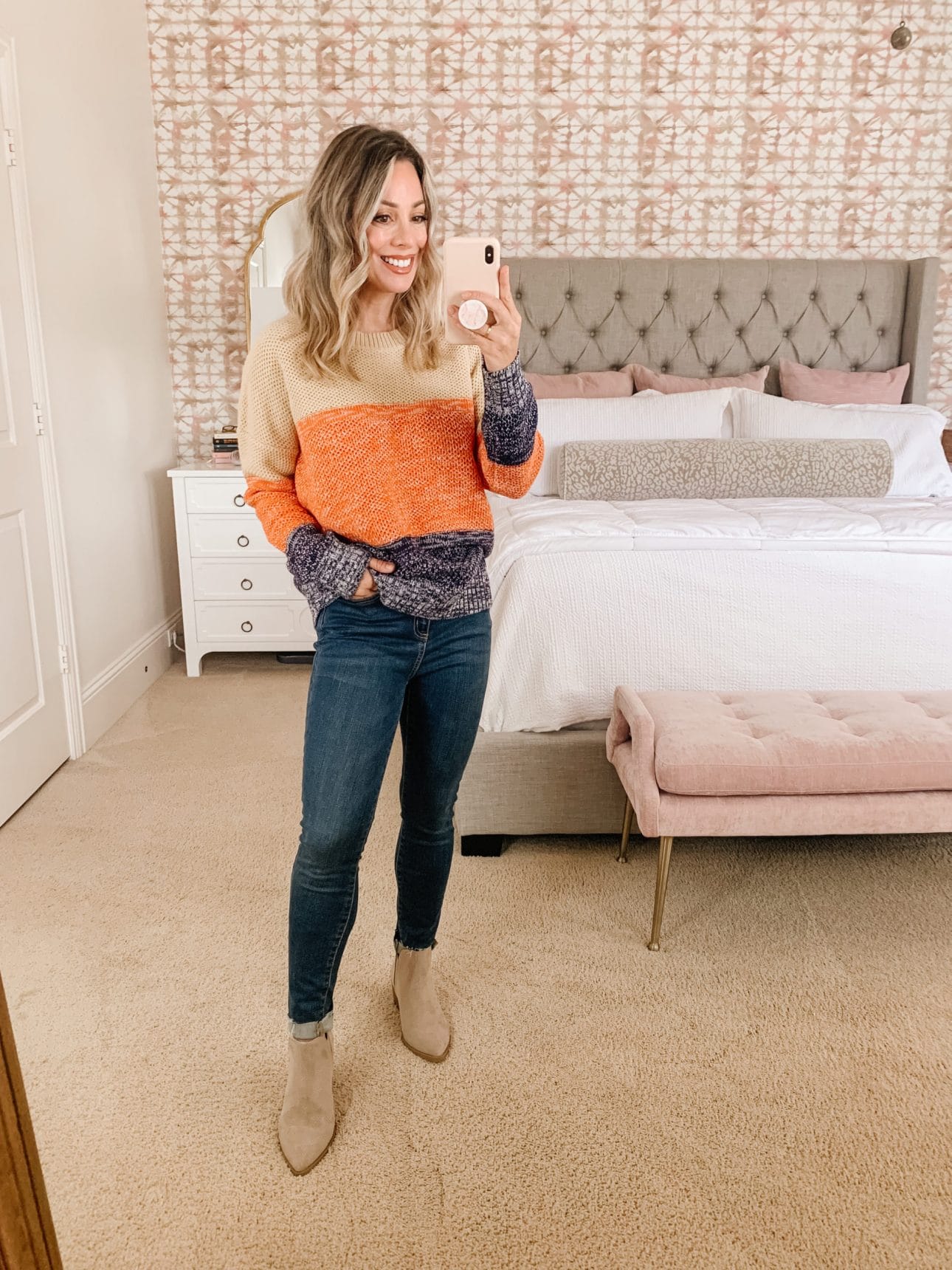 Colorblock Sweater, Jeans, Booties 
