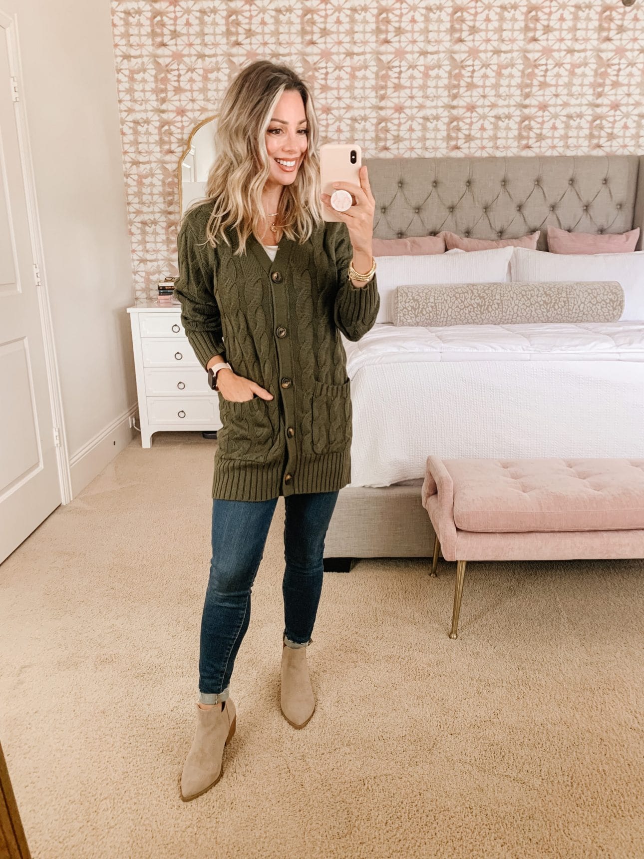 Amazon Fashion, Olive Cardigan, Jeans, Booties 