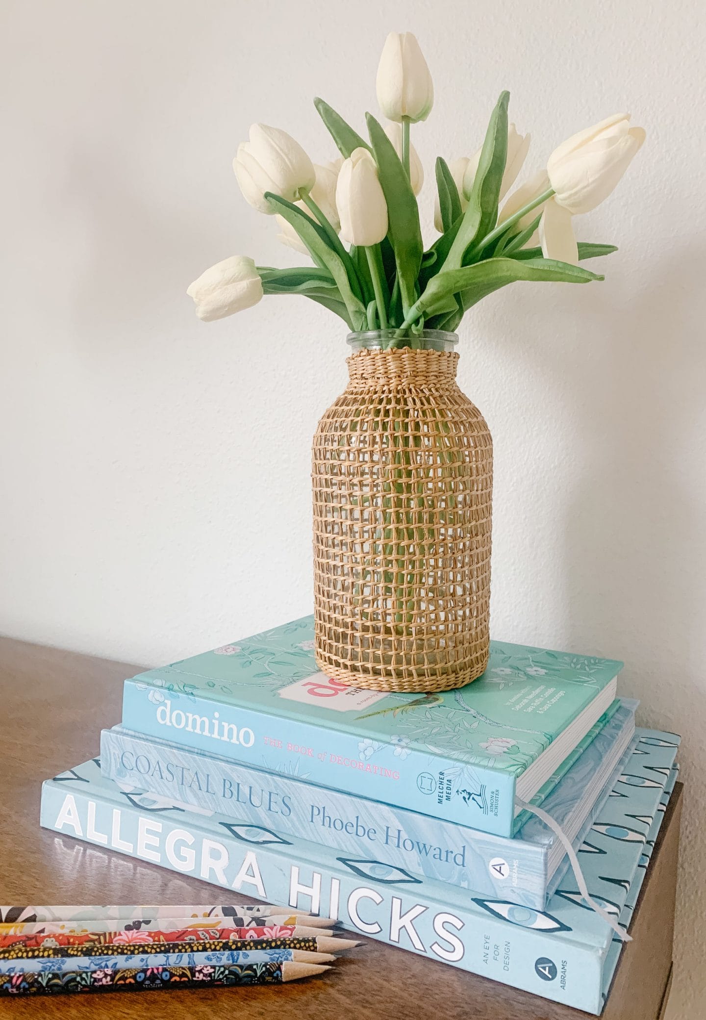 rattan vase and faux tulips 
