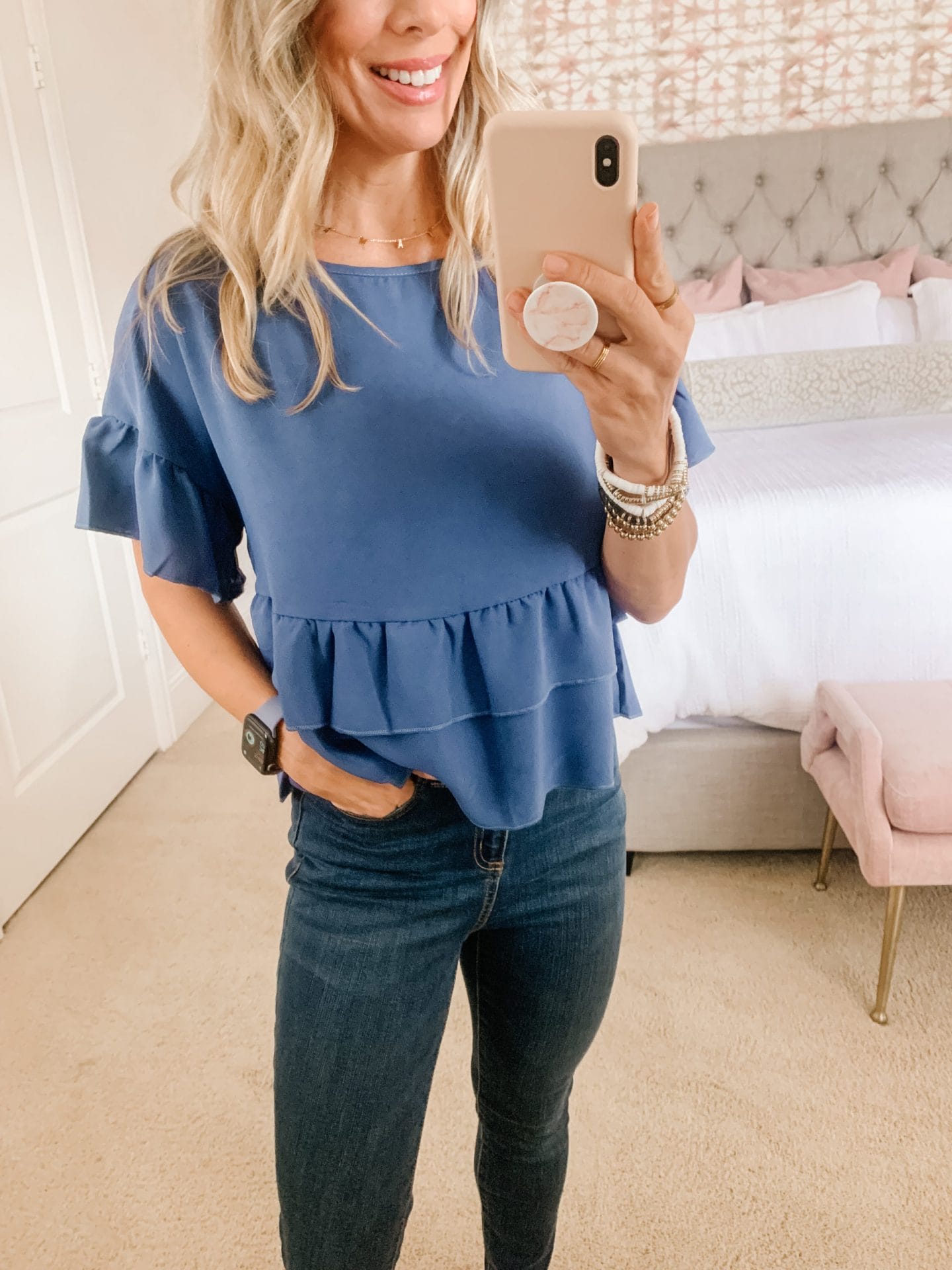 Amazon Fashion, Blue Peplum Top, Jeans, and Mules 