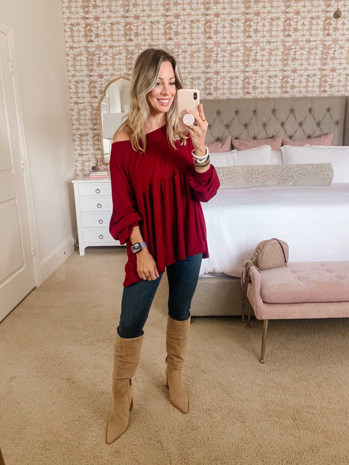 Amazon Fashion, Off Shoulder Red Top, Jeans, Boots 