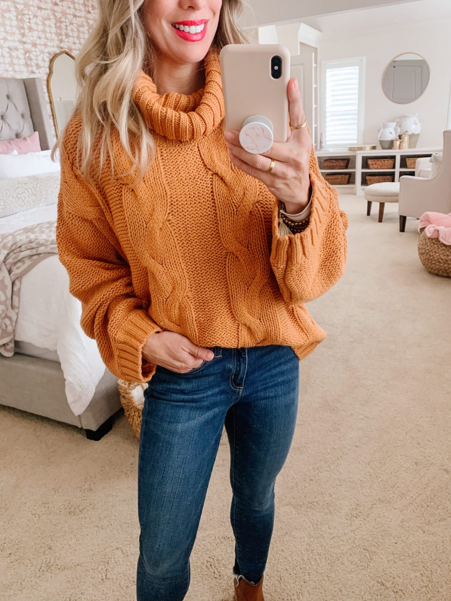 Amazon Fashion Faves, Cable Knit Sweater, Jeans, Booties 