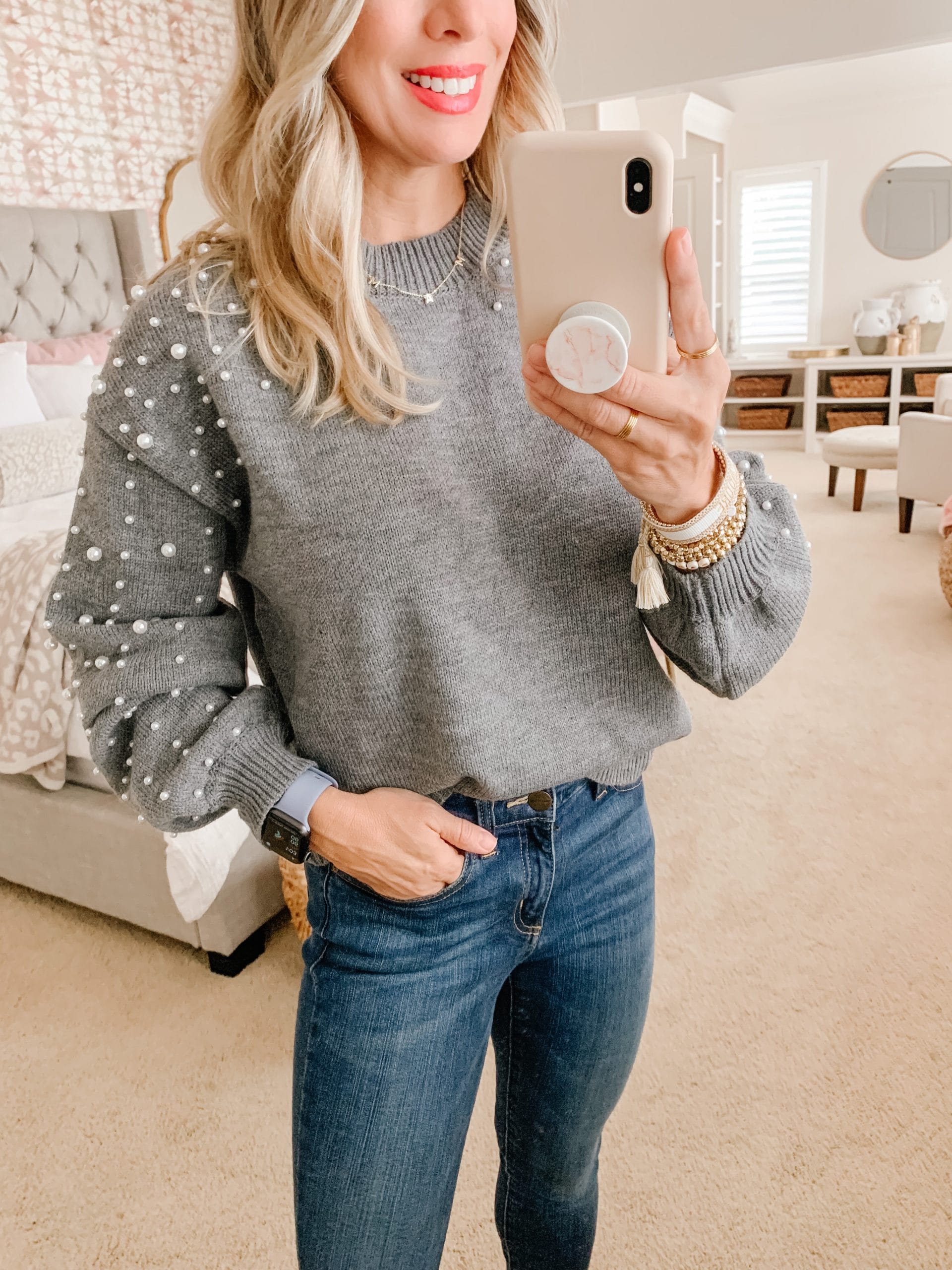 Amazon fashion, Pearl sweater, jeans, booties 
