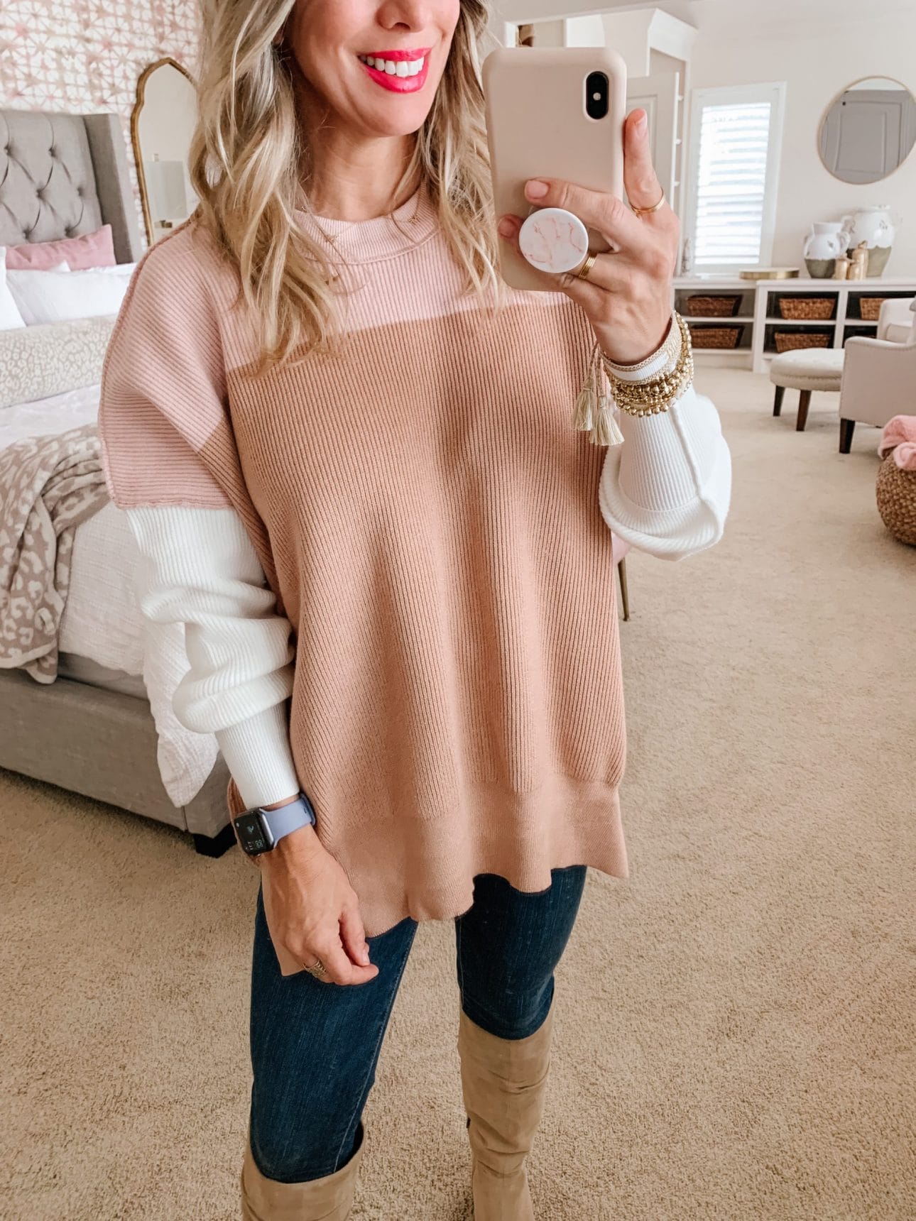 Amazon Fashion, Colorblock Sweater, Jeans, Booties 