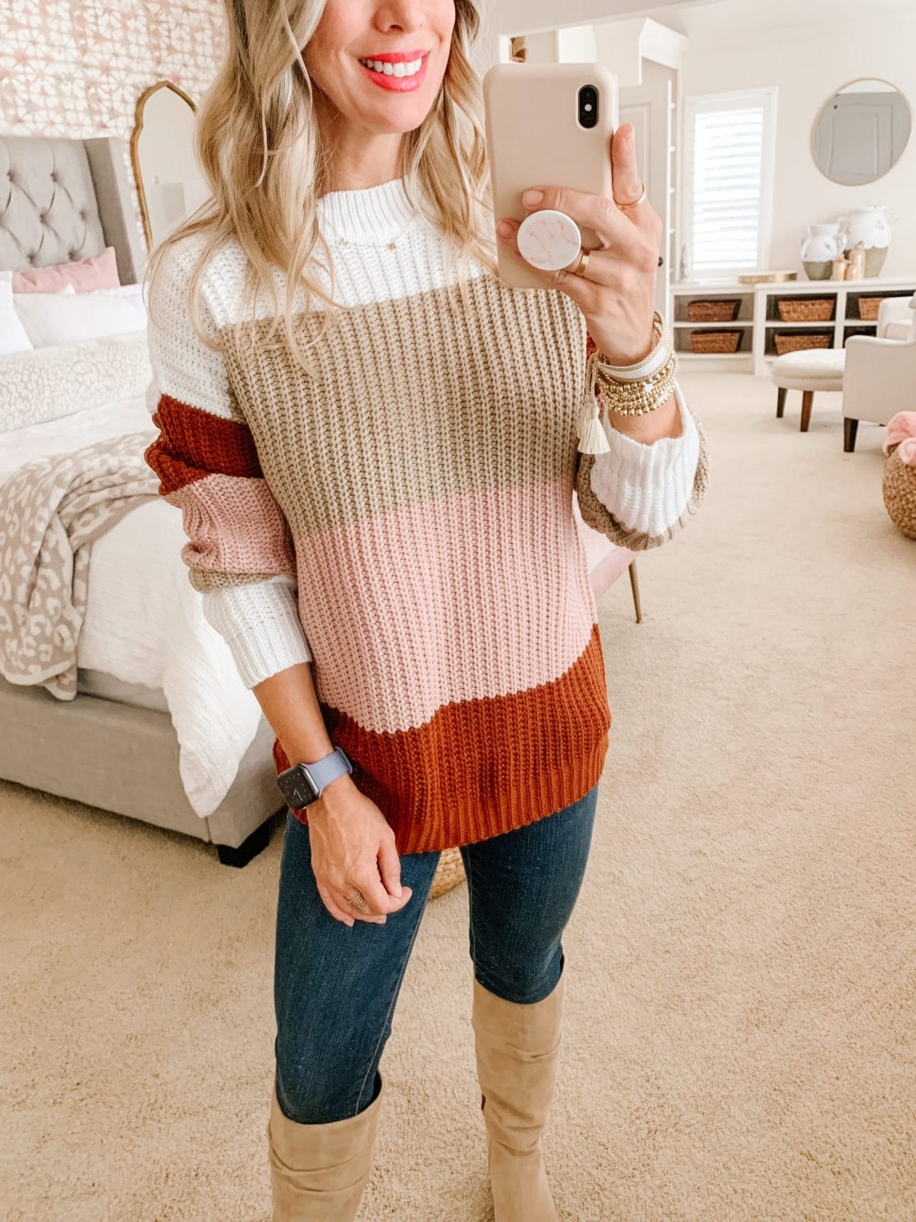 Amazon fashion, Colorblock Sweater, Jeans, Boots 