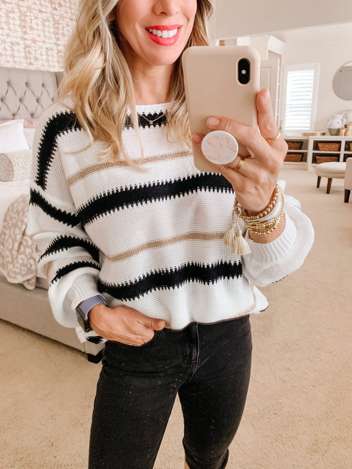 Amazon Fashion Finds, Striped Sweater, Jeans, Boots 