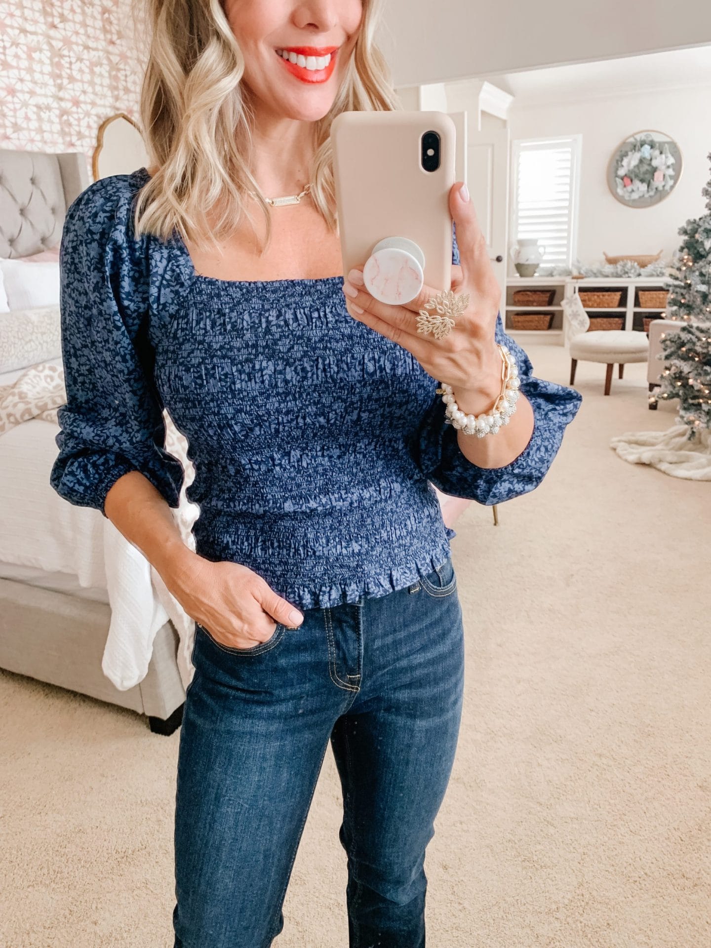 Walmart fashion - blue smocked top and bootcut jeans