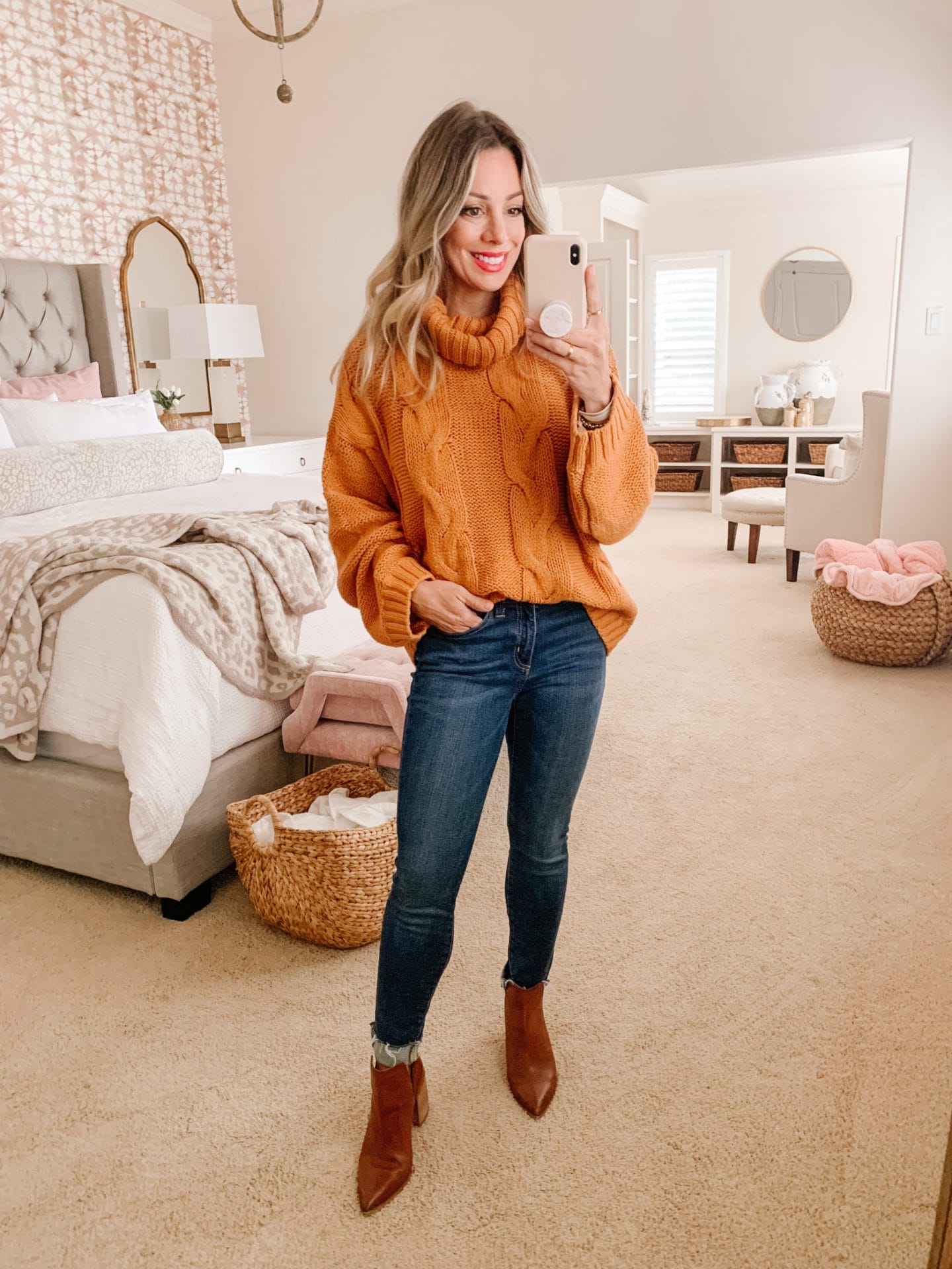 Amazon Fashion Faves, Cable Knit Sweater, Jeans, Booties 