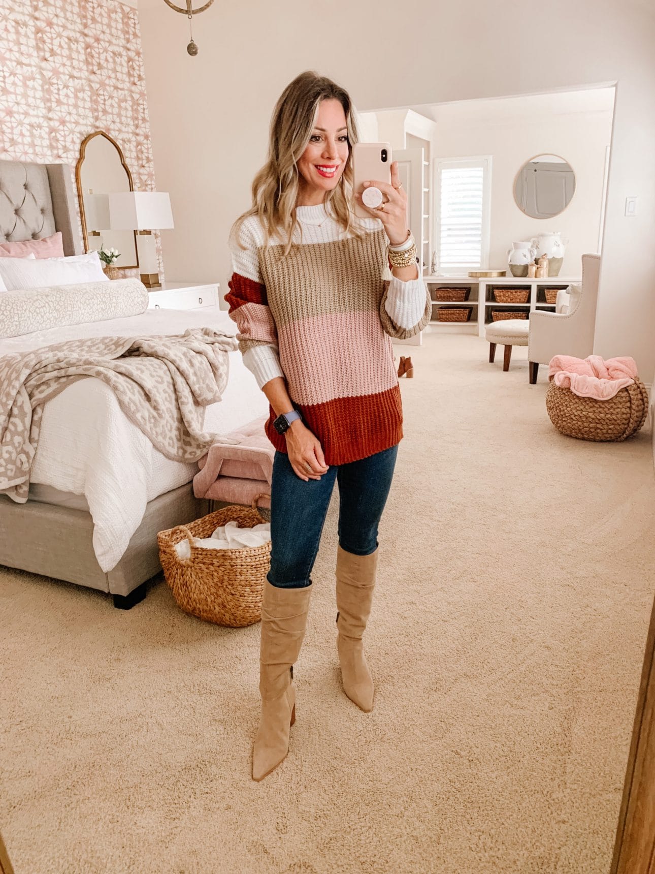 Amazon fashion, Colorblock Sweater, Jeans, Boots 