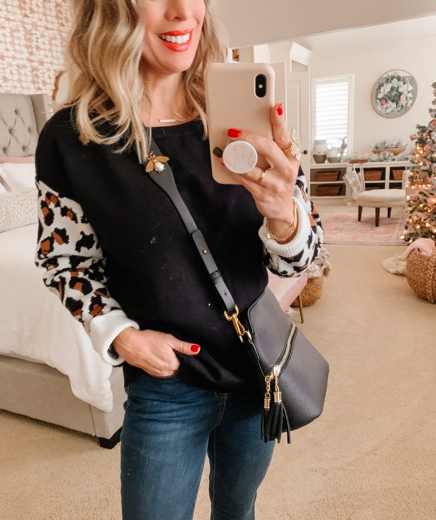 Amazon Fashion, Leopard Sweater & Jeans, Crossbody and Bee Strap 