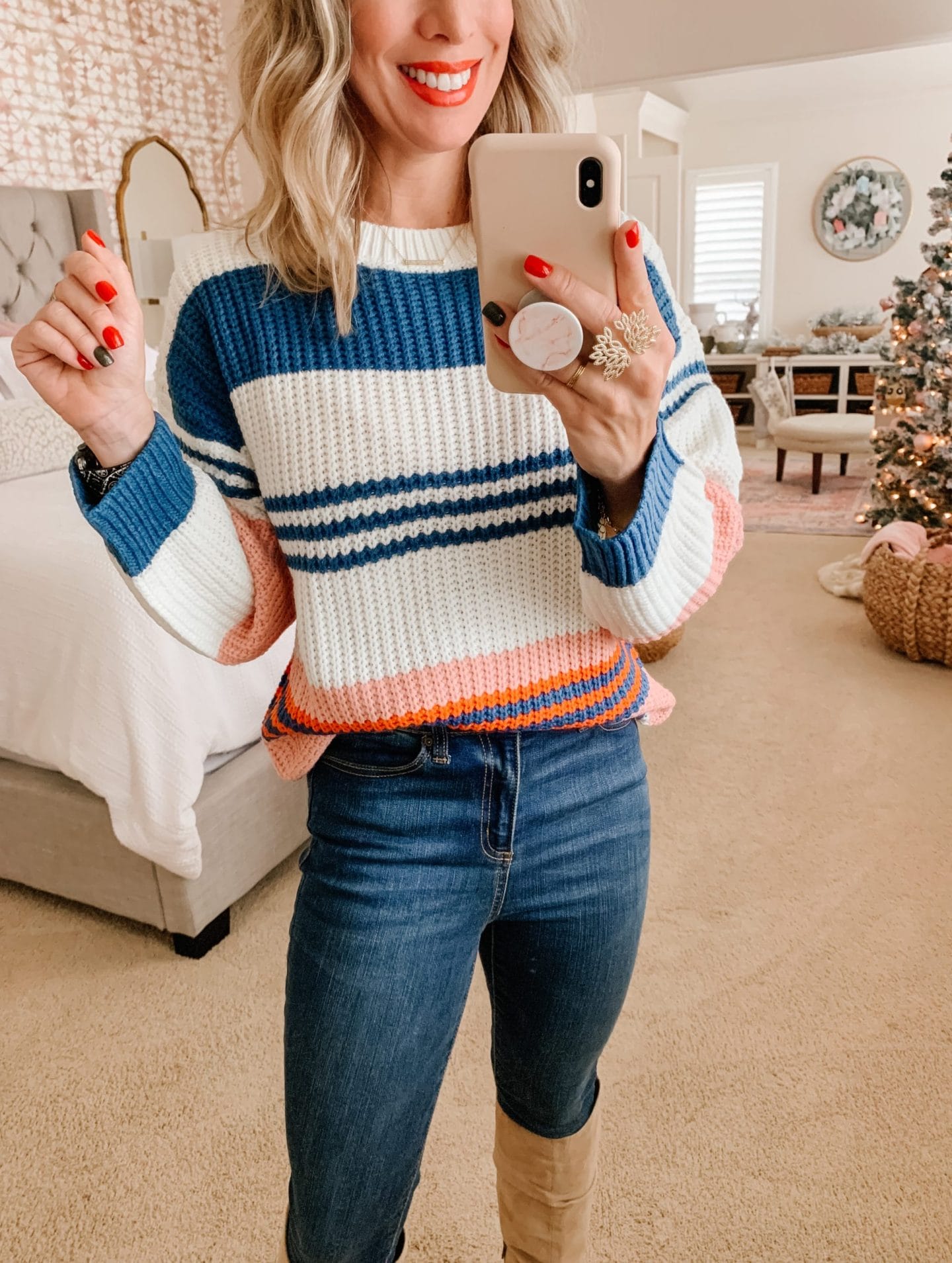 Amazon Fashion Striped Sweater, Jeans, Boots 