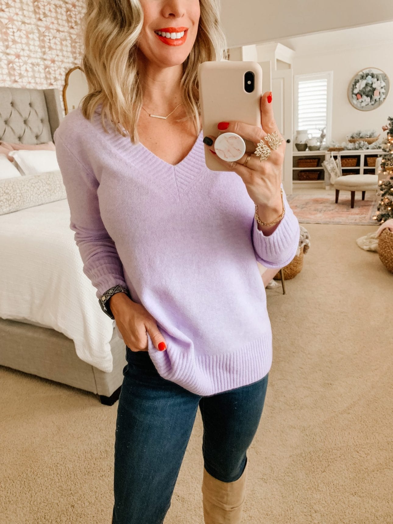Amazon Fashion, Lavender Sweater, Jeans