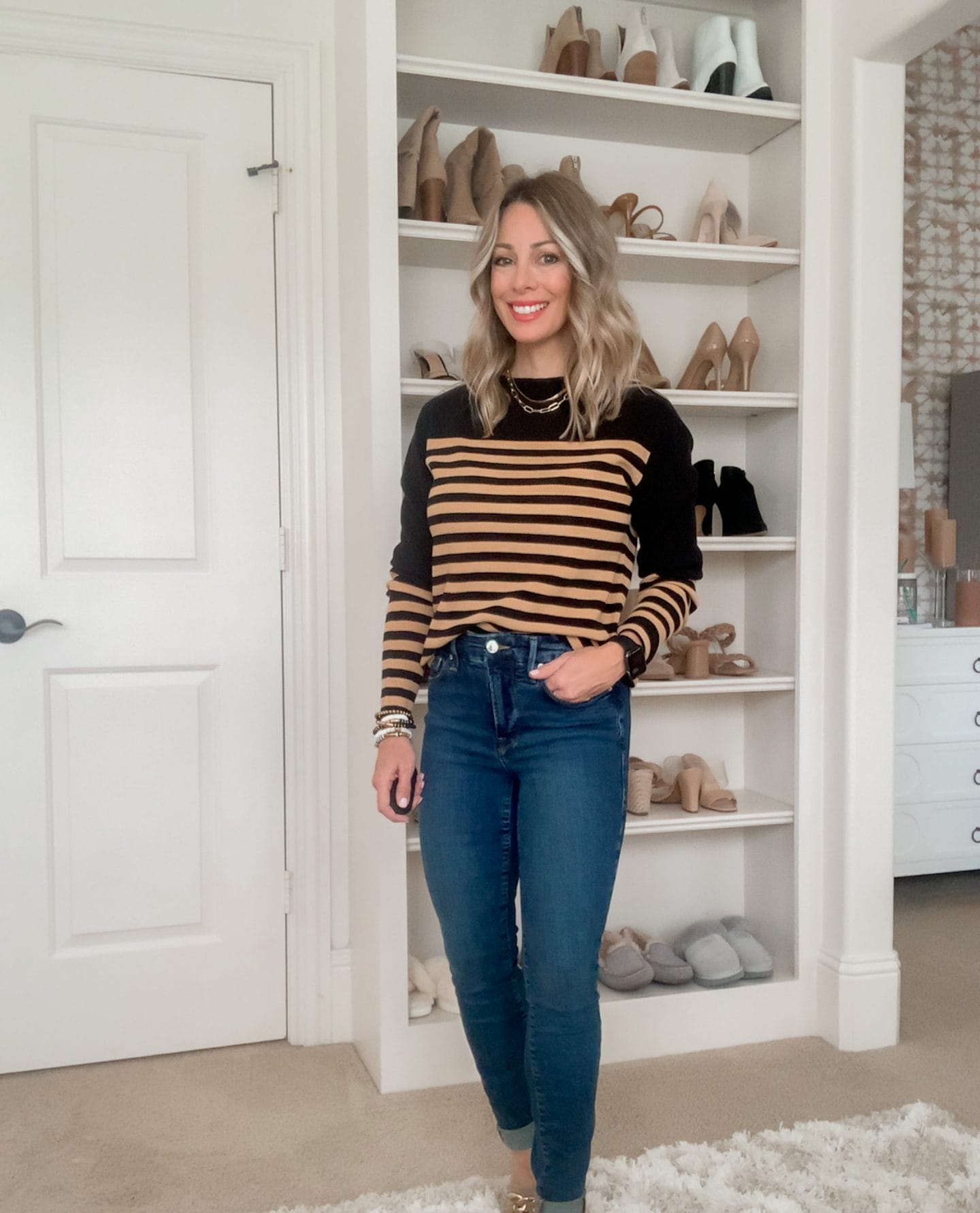 Dressing Room Finds, Striped Sweater, Jeans, Mules 